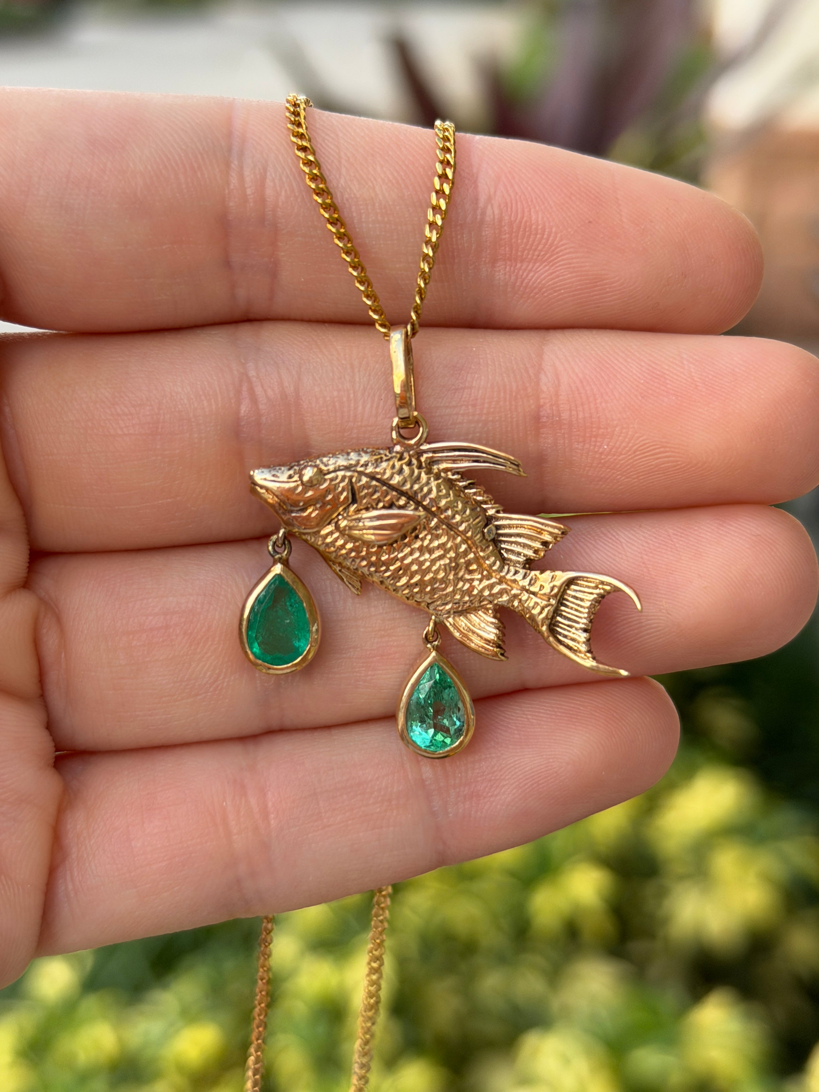 2.0tcw 14K Hog Fish Emerald Pendant - JR Colombian Emeralds