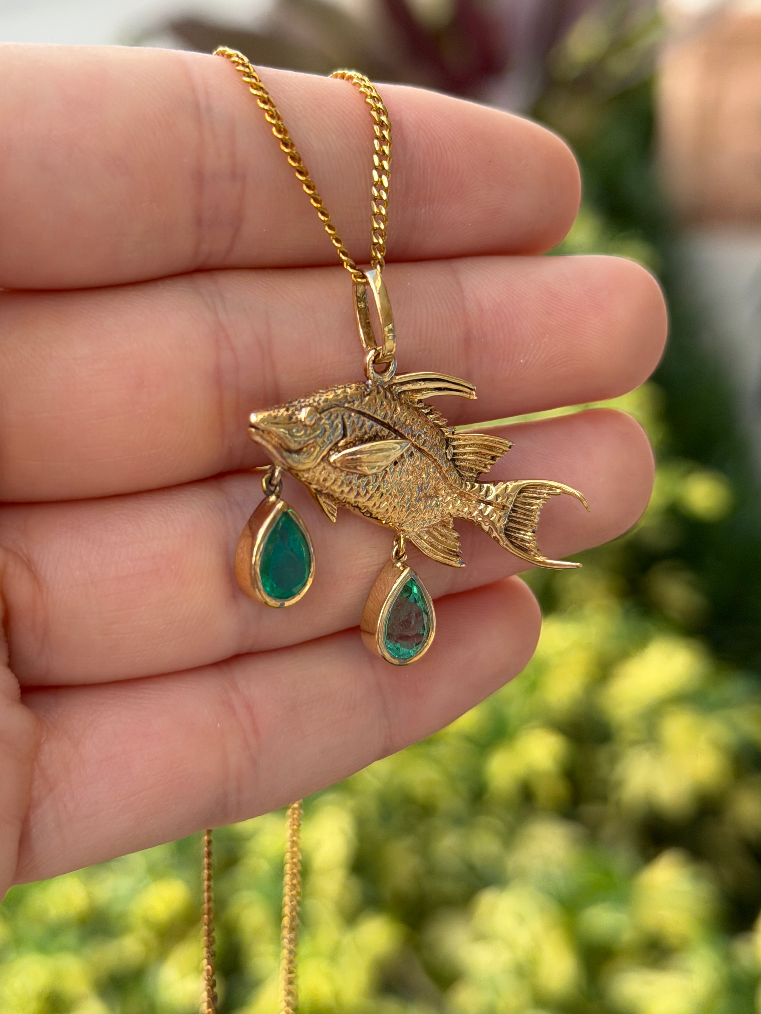 2.0tcw 14K Hog Fish Emerald Pendant - JR Colombian Emeralds