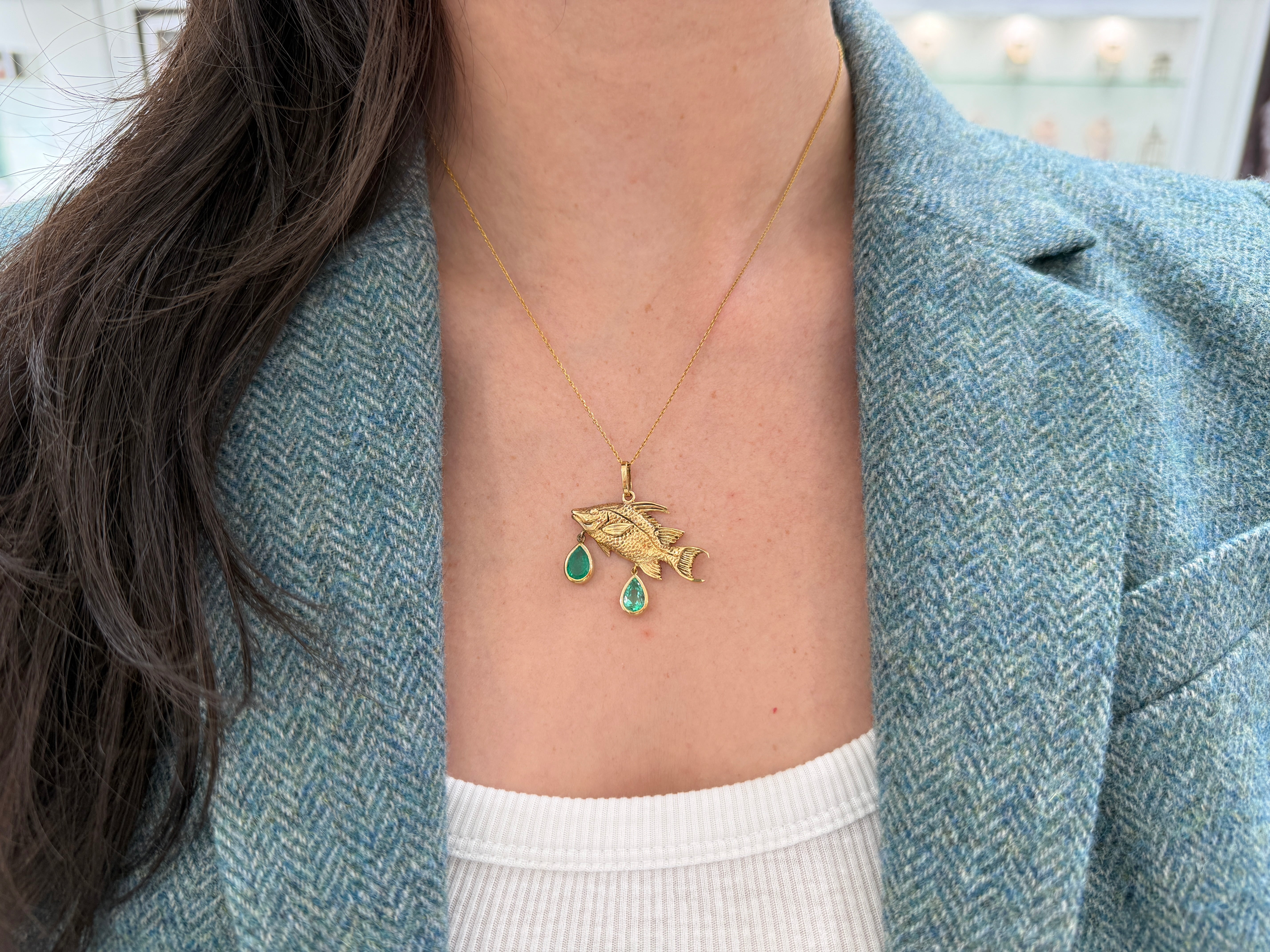 2.0tcw 14K Hog Fish Emerald Pendant - JR Colombian Emeralds