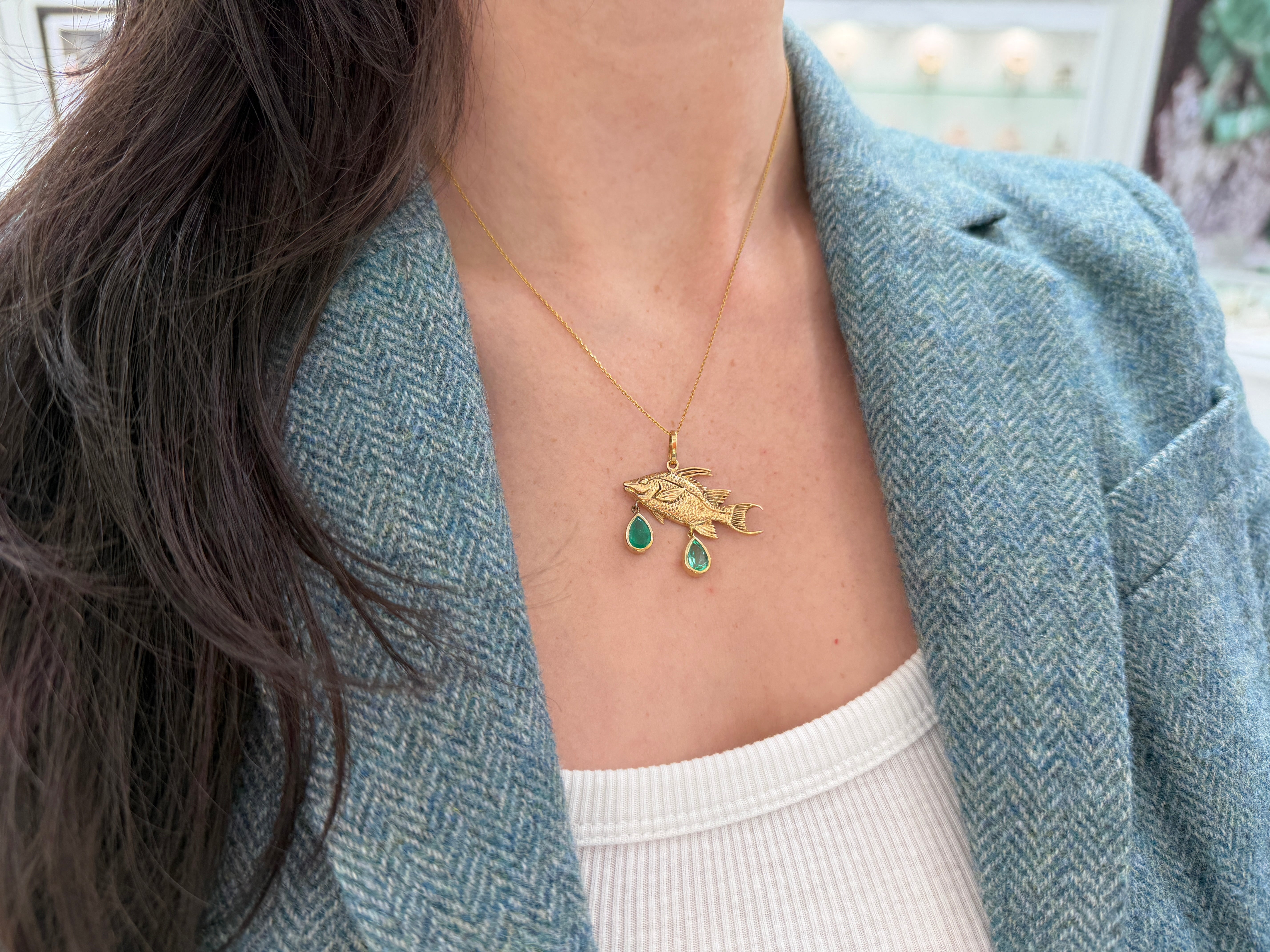 2.0tcw 14K Hog Fish Emerald Pendant - JR Colombian Emeralds