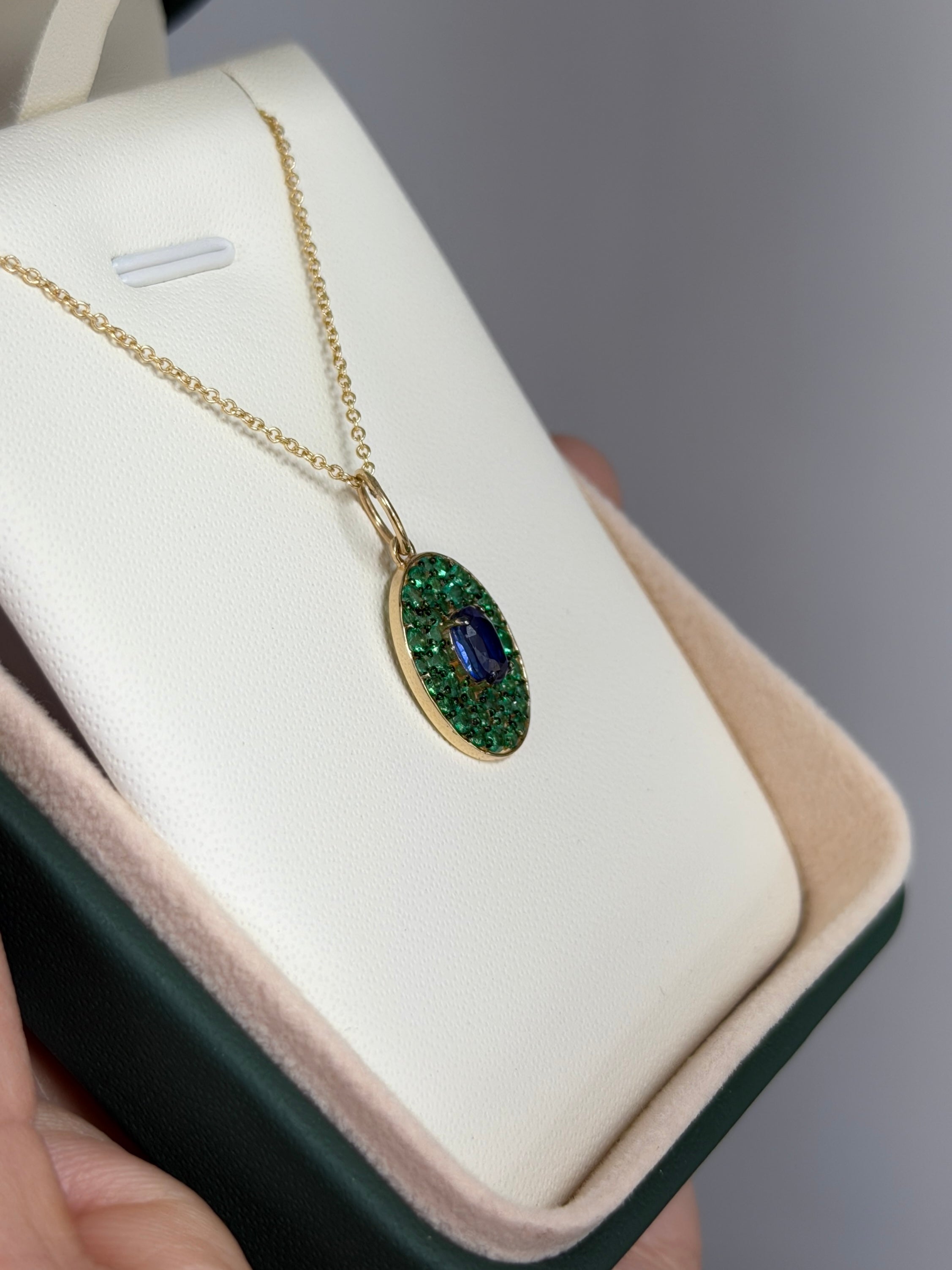 2.12tcw 14K Natural Oval Blue Sapphire & Emerald Cluster Pendant - JR Colombian Emeralds