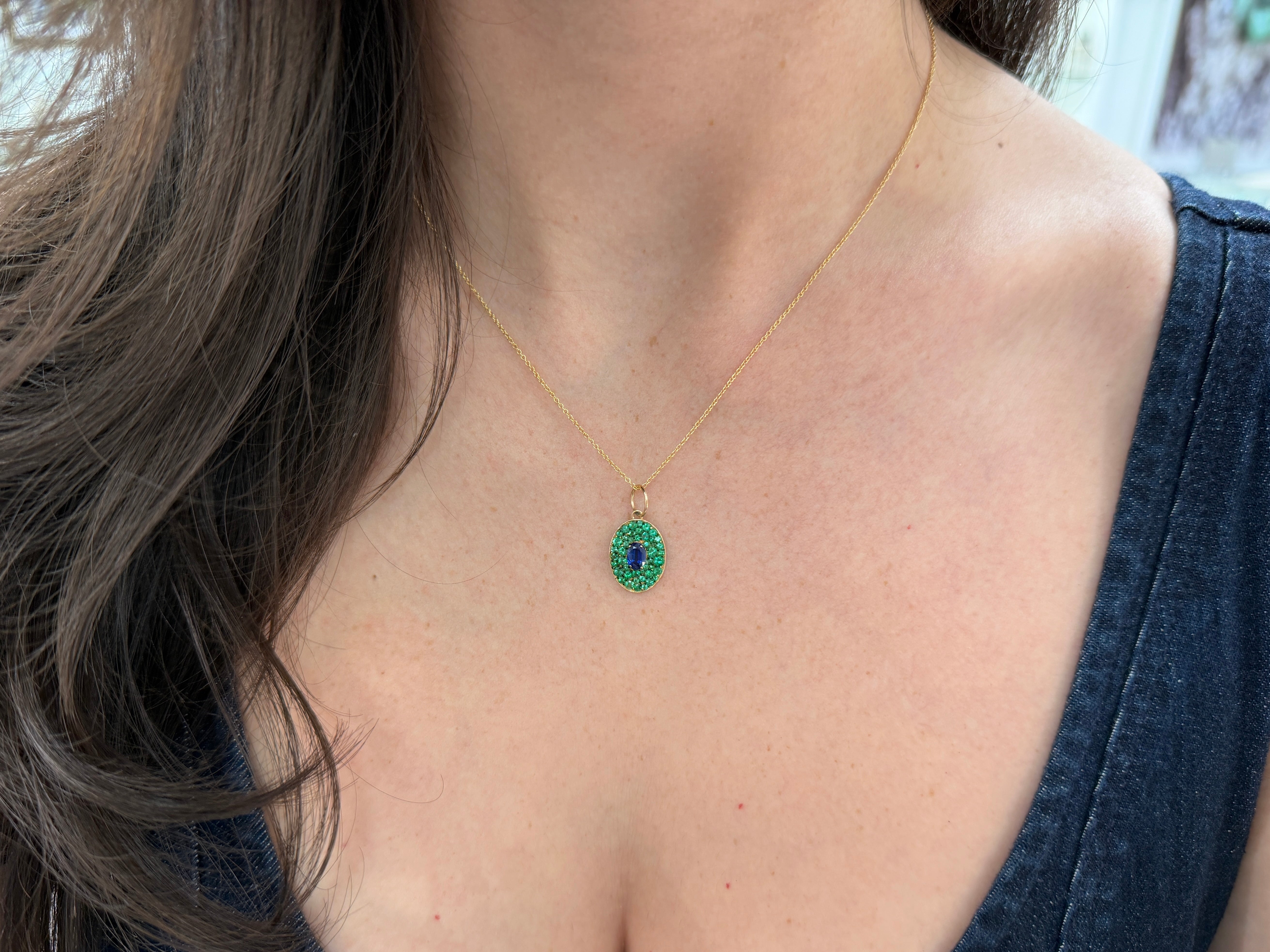 2.12tcw 14K Natural Oval Blue Sapphire & Emerald Cluster Pendant - JR Colombian Emeralds