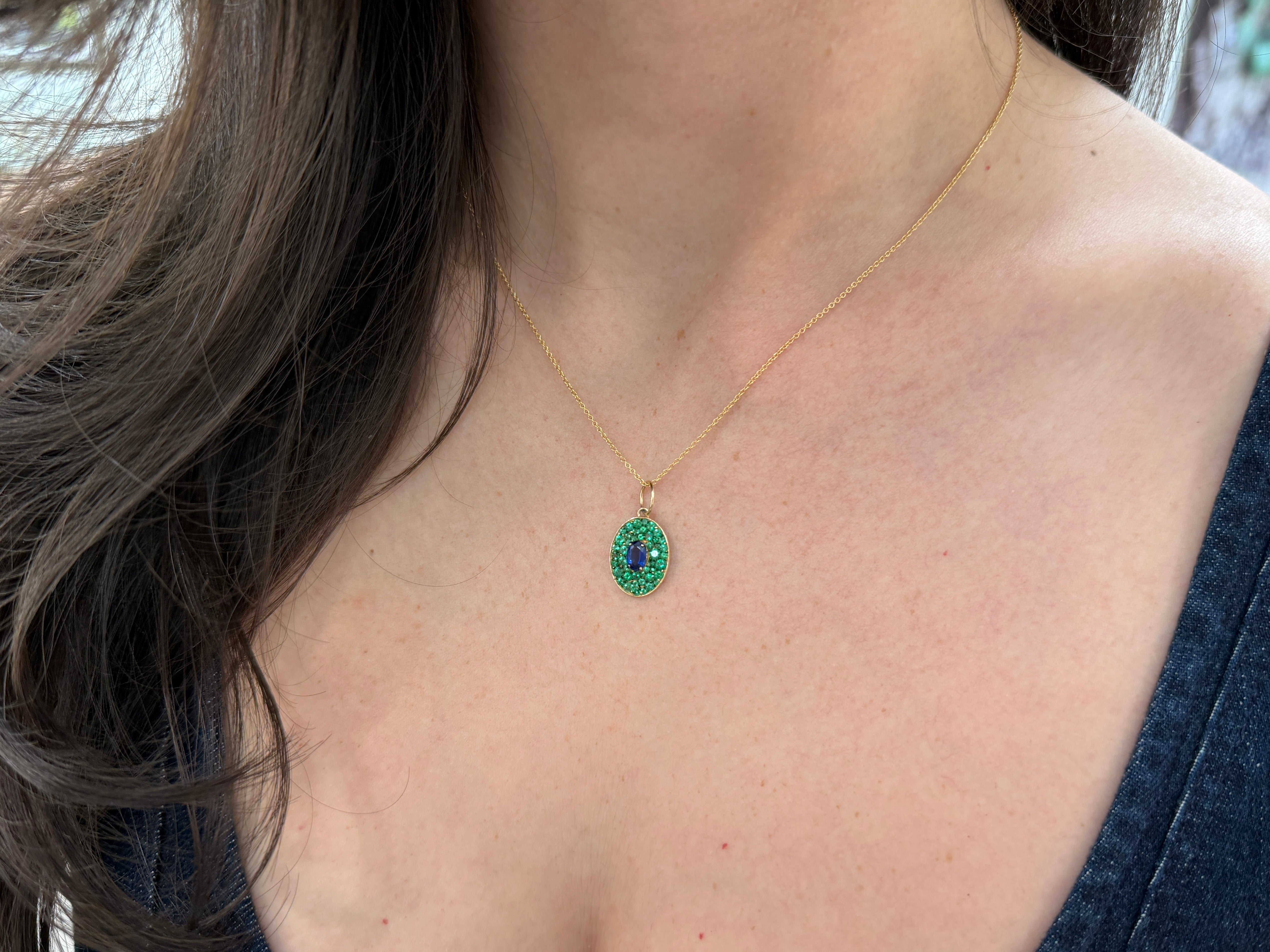 2.12tcw 14K Natural Oval Blue Sapphire & Emerald Cluster Pendant - JR Colombian Emeralds