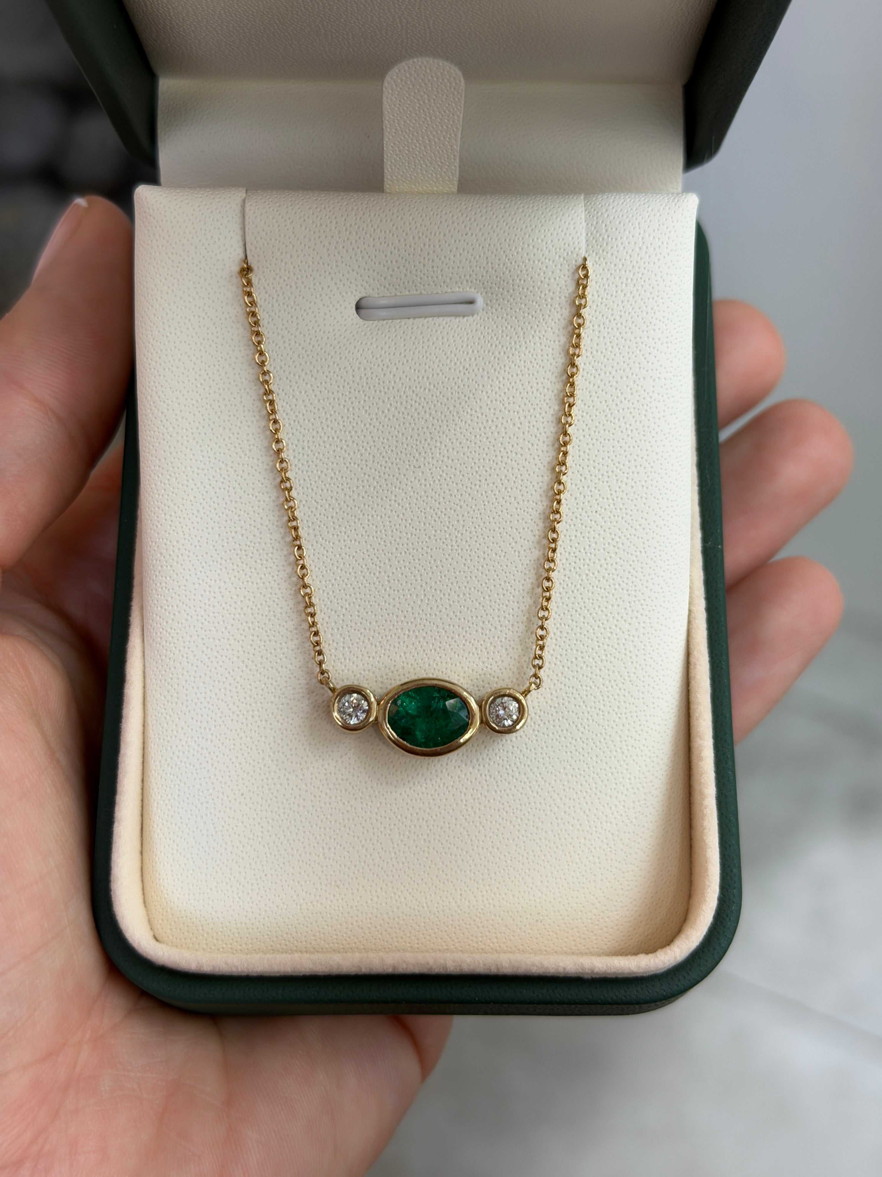 2.19tcw Bezel Set Oval Emerald & Round Diamond Three Stone Necklace 14K - JR Colombian Emeralds