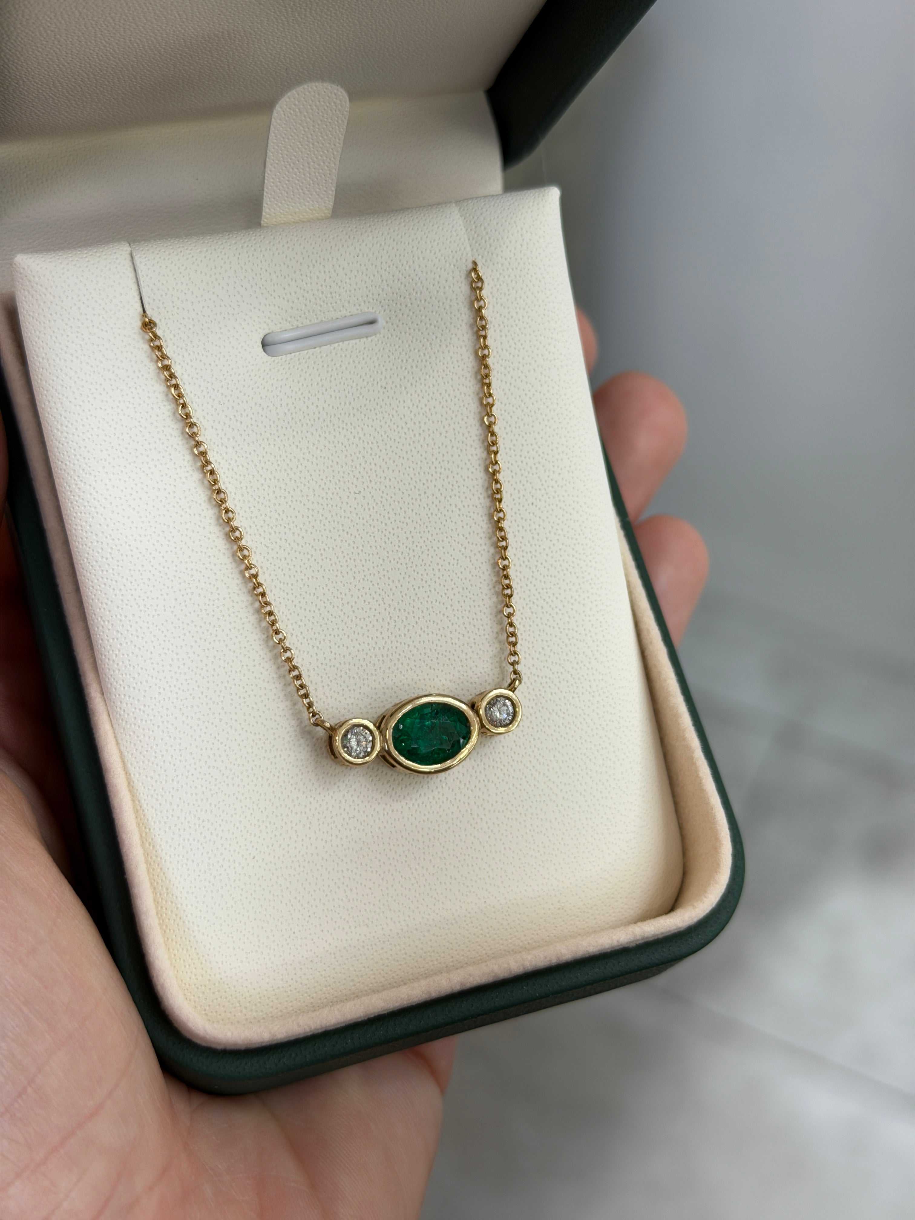 2.19tcw Bezel Set Oval Emerald & Round Diamond Three Stone Necklace 14K - JR Colombian Emeralds