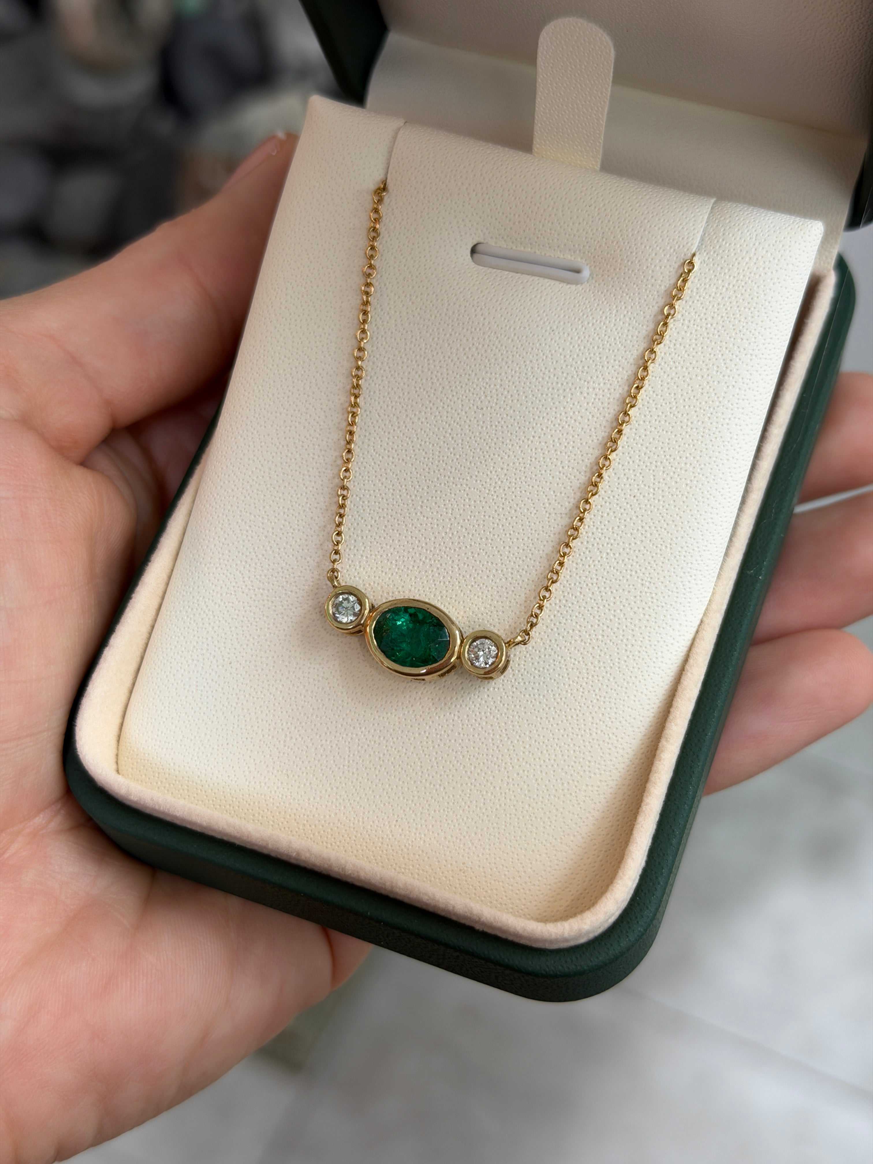 2.19tcw Bezel Set Oval Emerald & Round Diamond Three Stone Necklace 14K - JR Colombian Emeralds