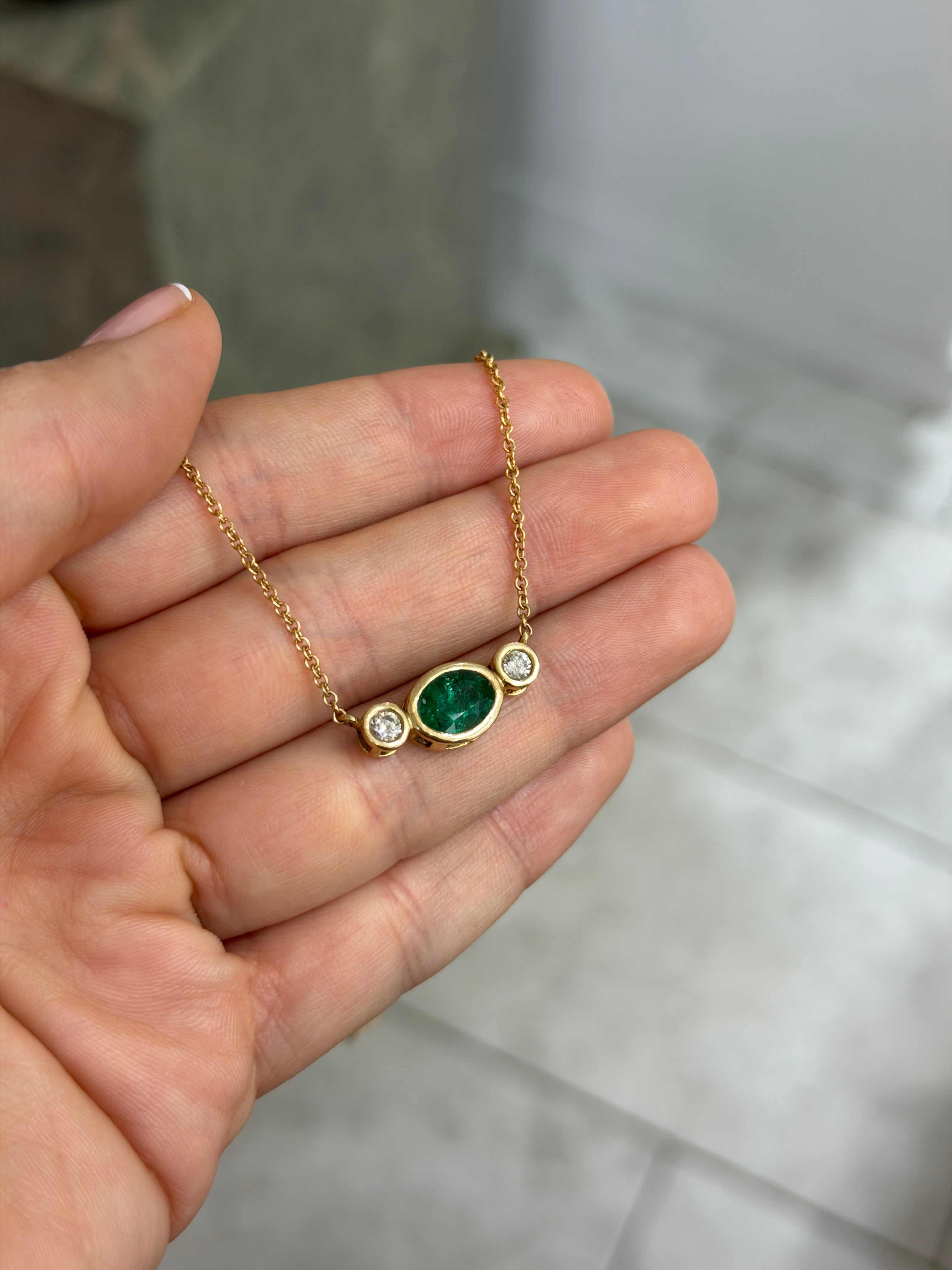 2.19tcw Bezel Set Oval Emerald & Round Diamond Three Stone Necklace 14K - JR Colombian Emeralds