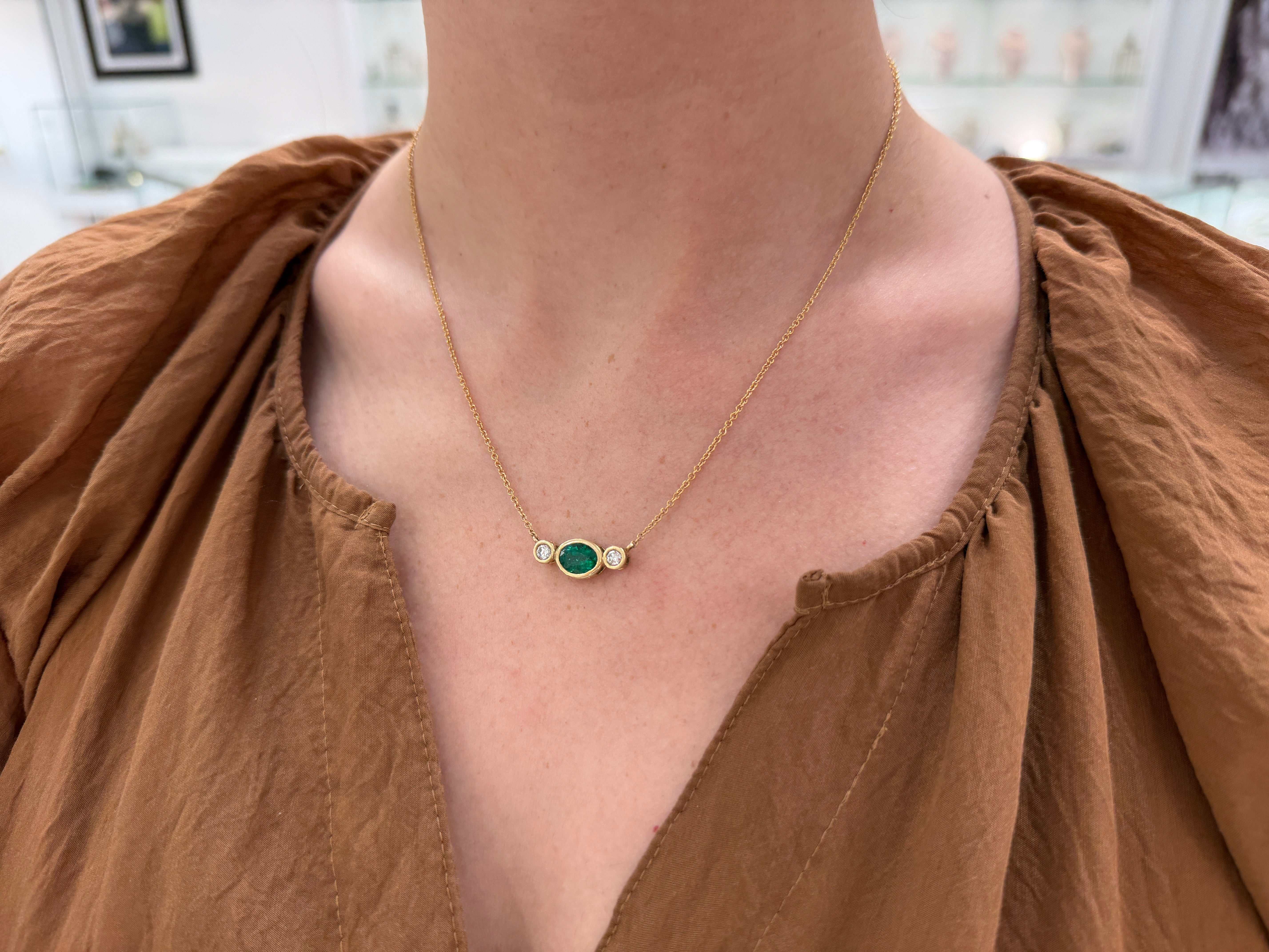 2.19tcw Bezel Set Oval Emerald & Round Diamond Three Stone Necklace 14K - JR Colombian Emeralds