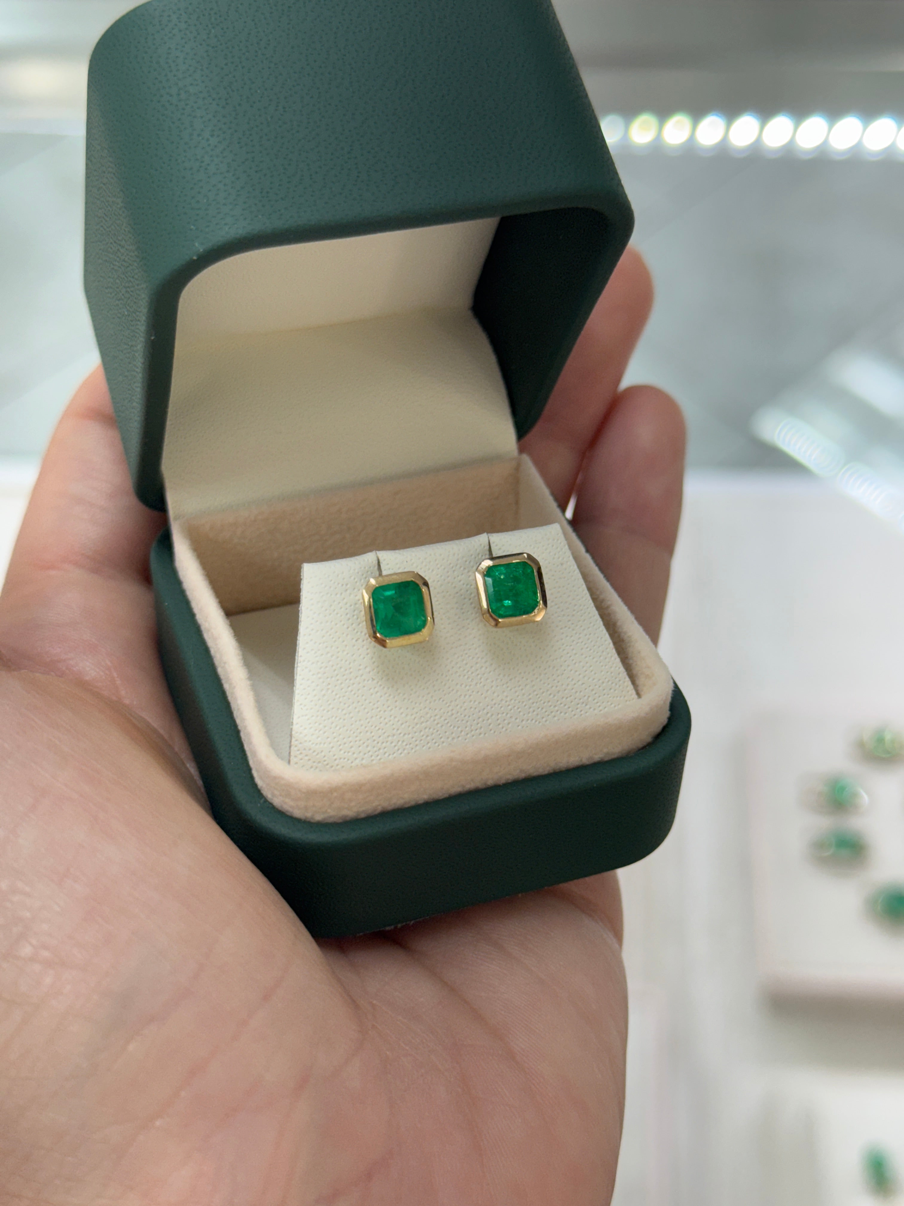 2.19tcw Fine Yellowish Green Asscher Cut Colombian Emerald Bezel Studs 18K