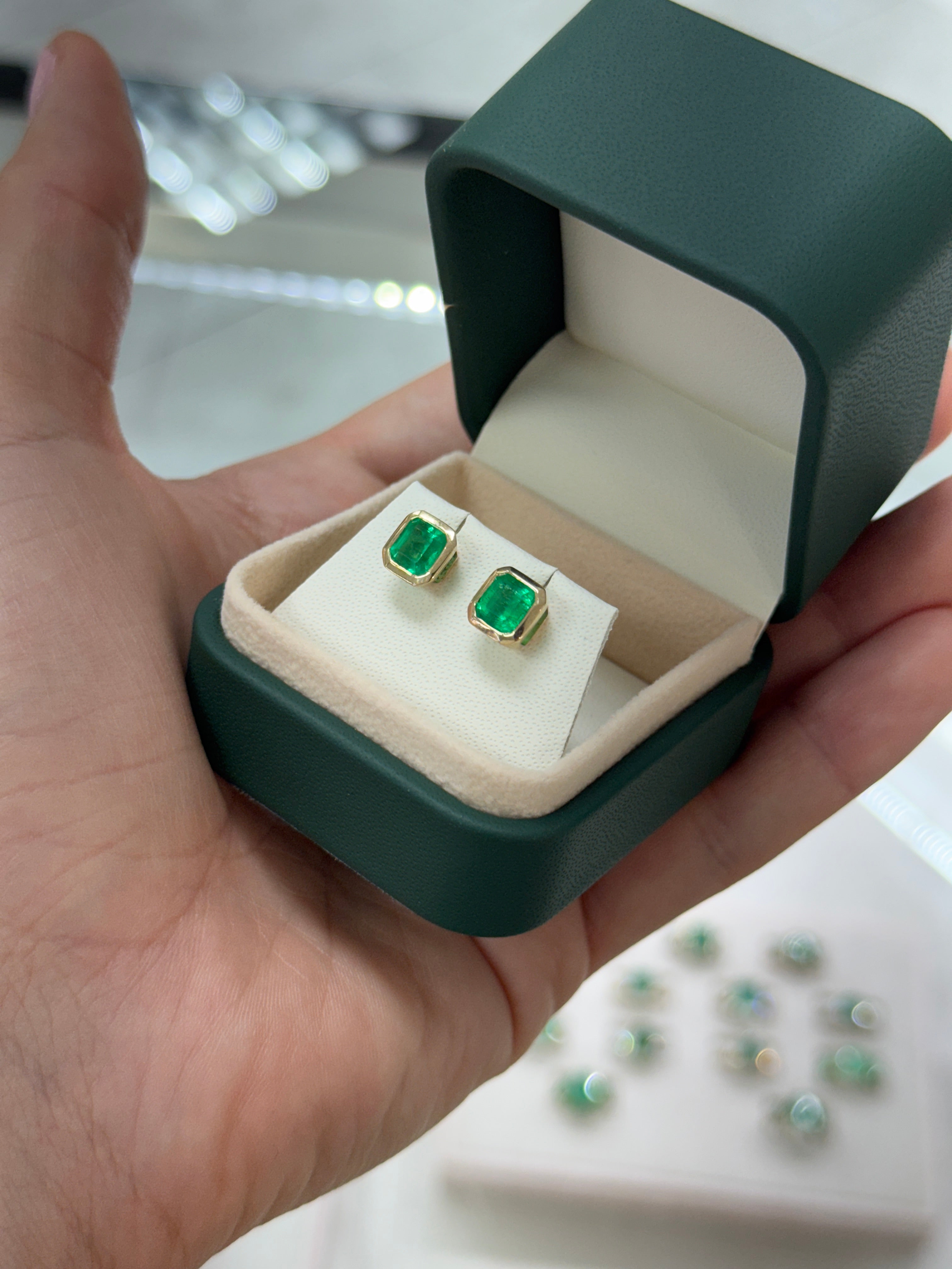 2.19tcw Fine Yellowish Green Asscher Cut Colombian Emerald Bezel Studs 18K
