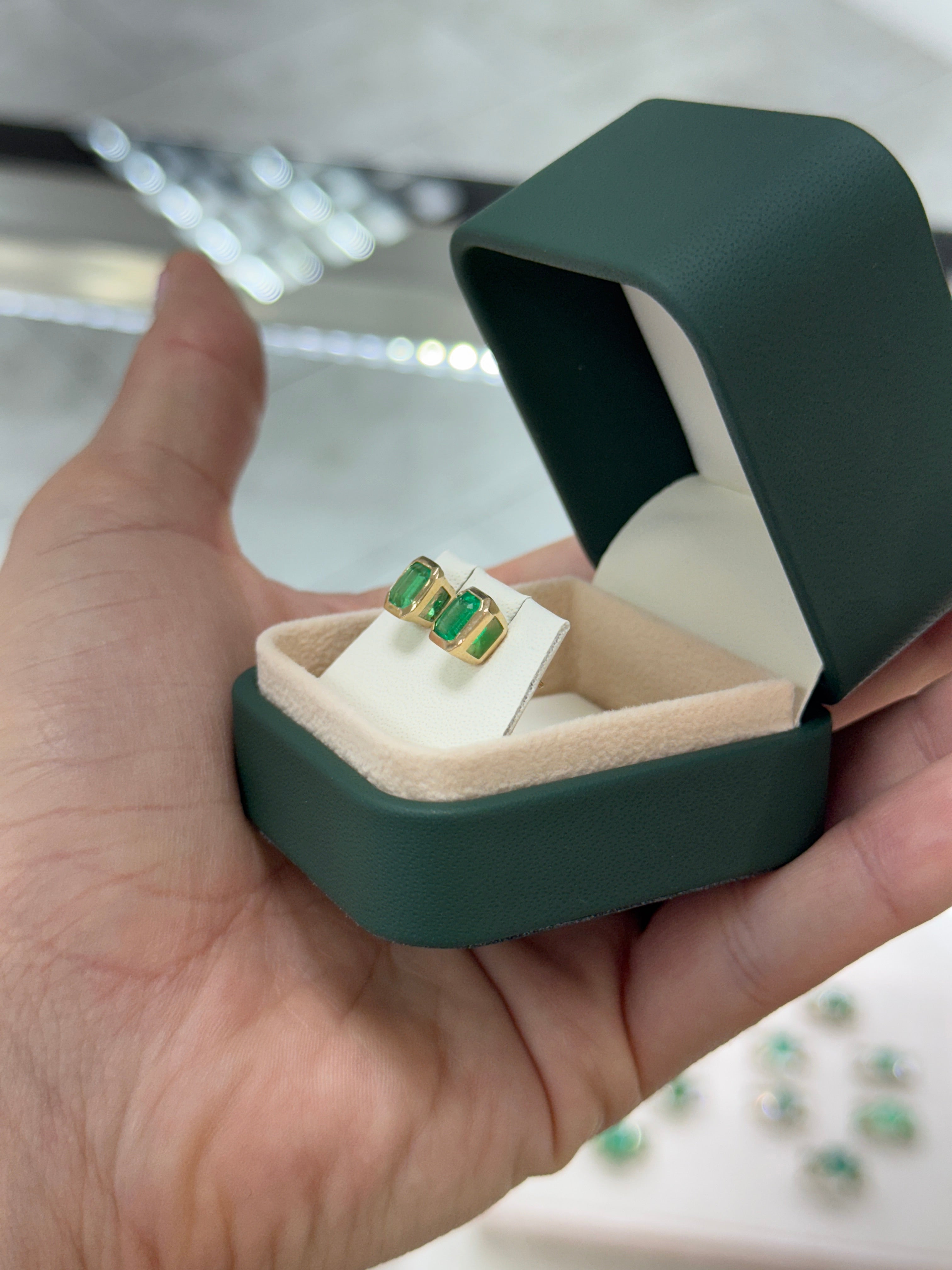 2.19tcw Fine Yellowish Green Asscher Cut Colombian Emerald Bezel Studs 18K