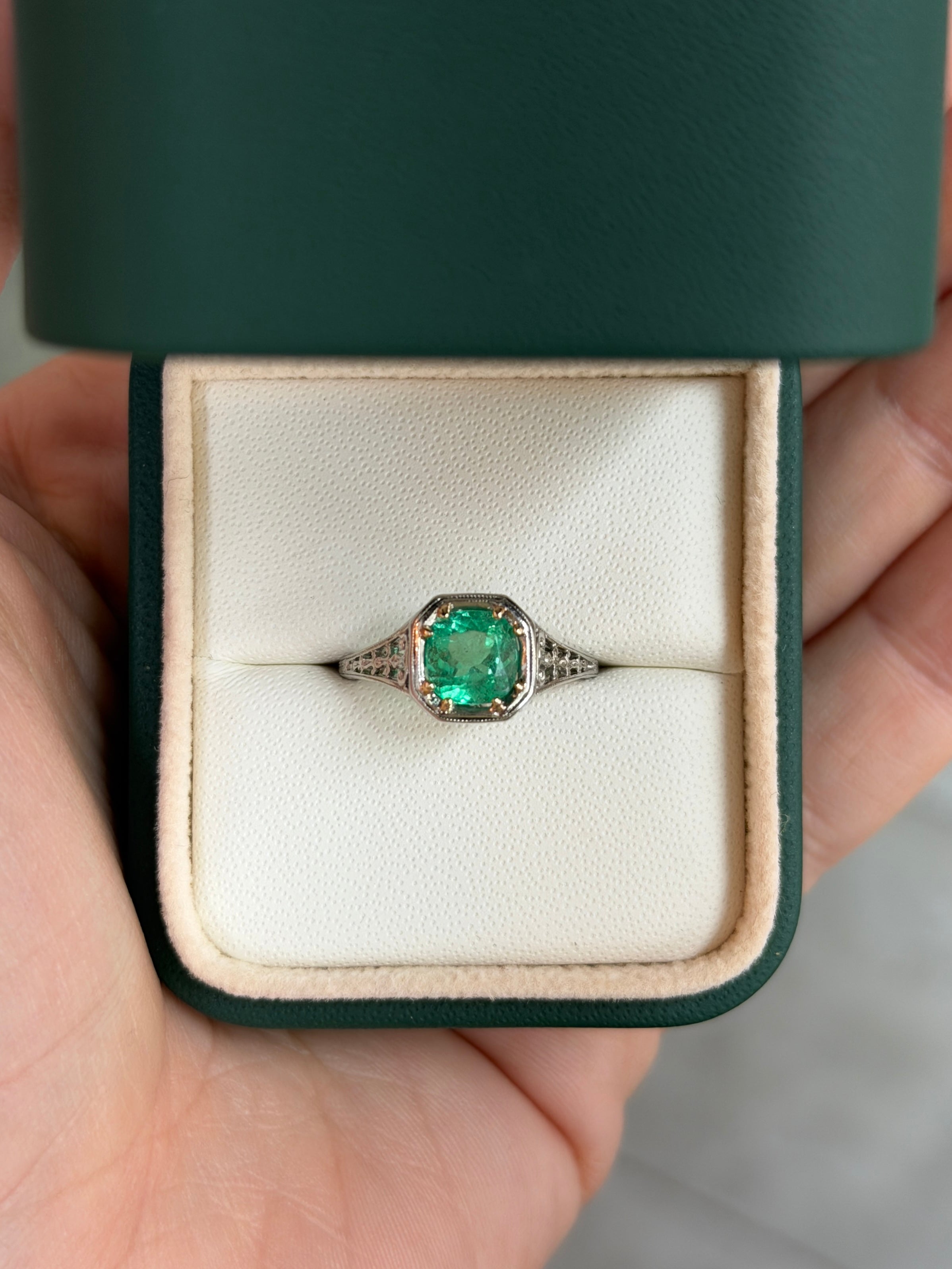 Art Nouveau 2.20 Carat engagement ring by JR Colombian Emeralds featuring 18K gold and platinum with a solitaire design.