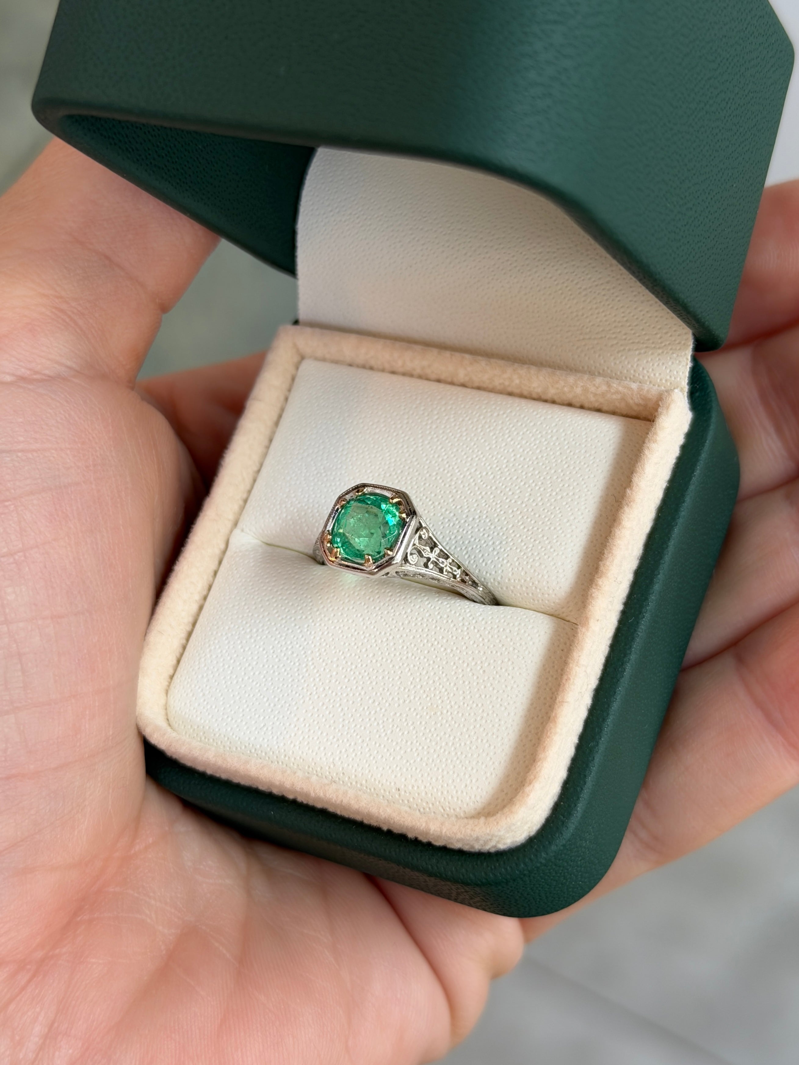 Art Nouveau 2.20 Carat engagement ring by JR Colombian Emeralds featuring 18K gold and platinum with a solitaire design.