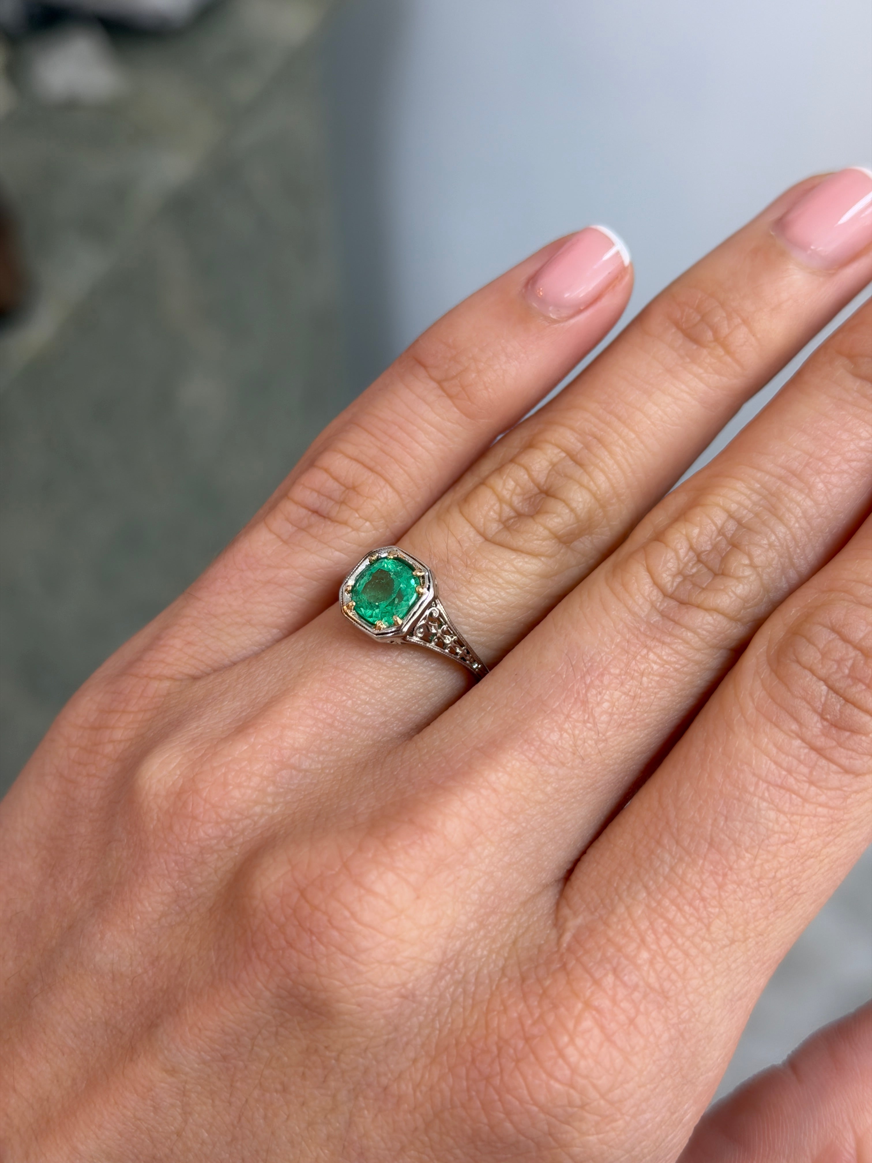 2.20 Carat Art Nouveau Engagement Ring Revival 18K & Platinum Solitaire - JR Colombian Emeralds