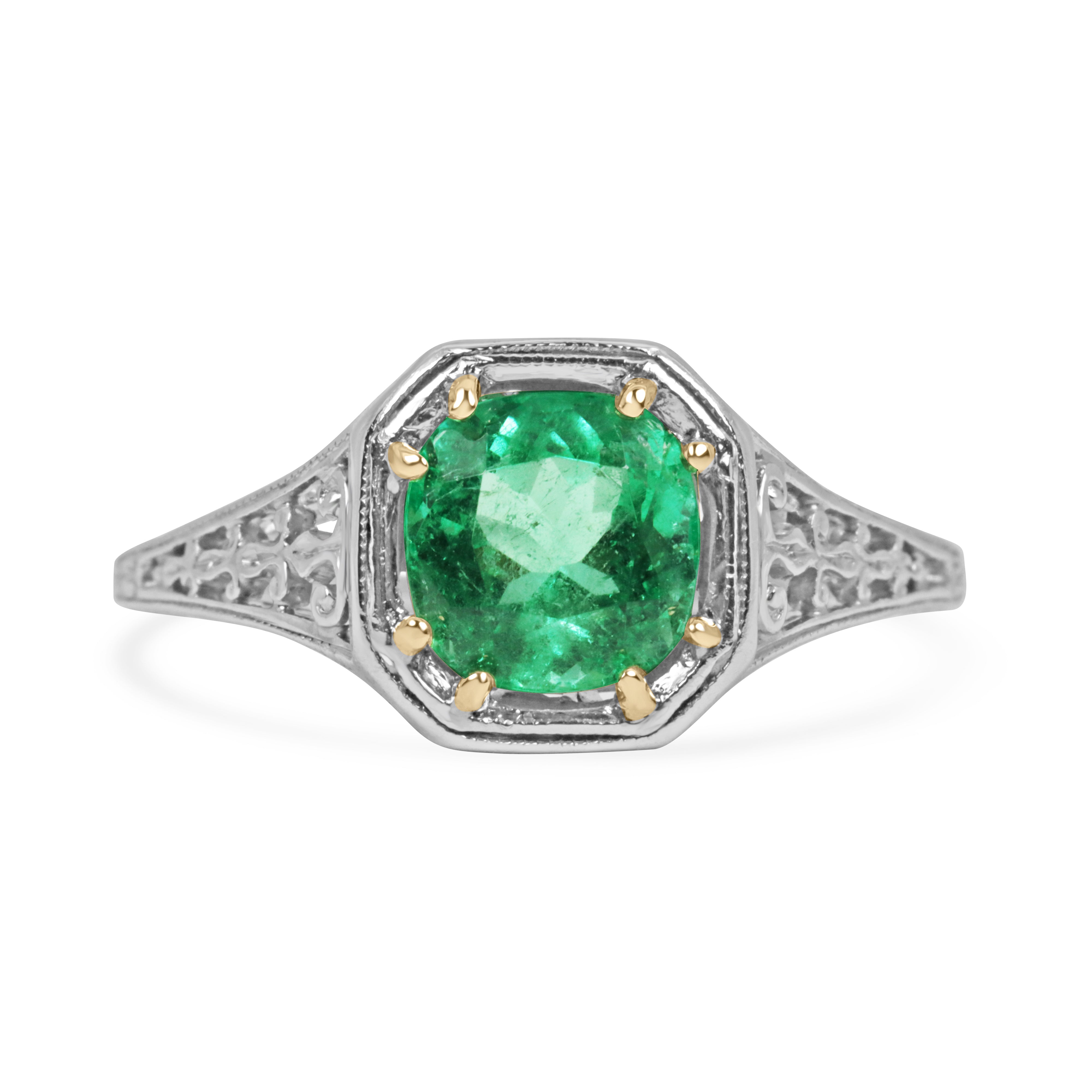 Art Nouveau 2.20 Carat engagement ring by JR Colombian Emeralds in 18K gold and platinum with intricate design details.