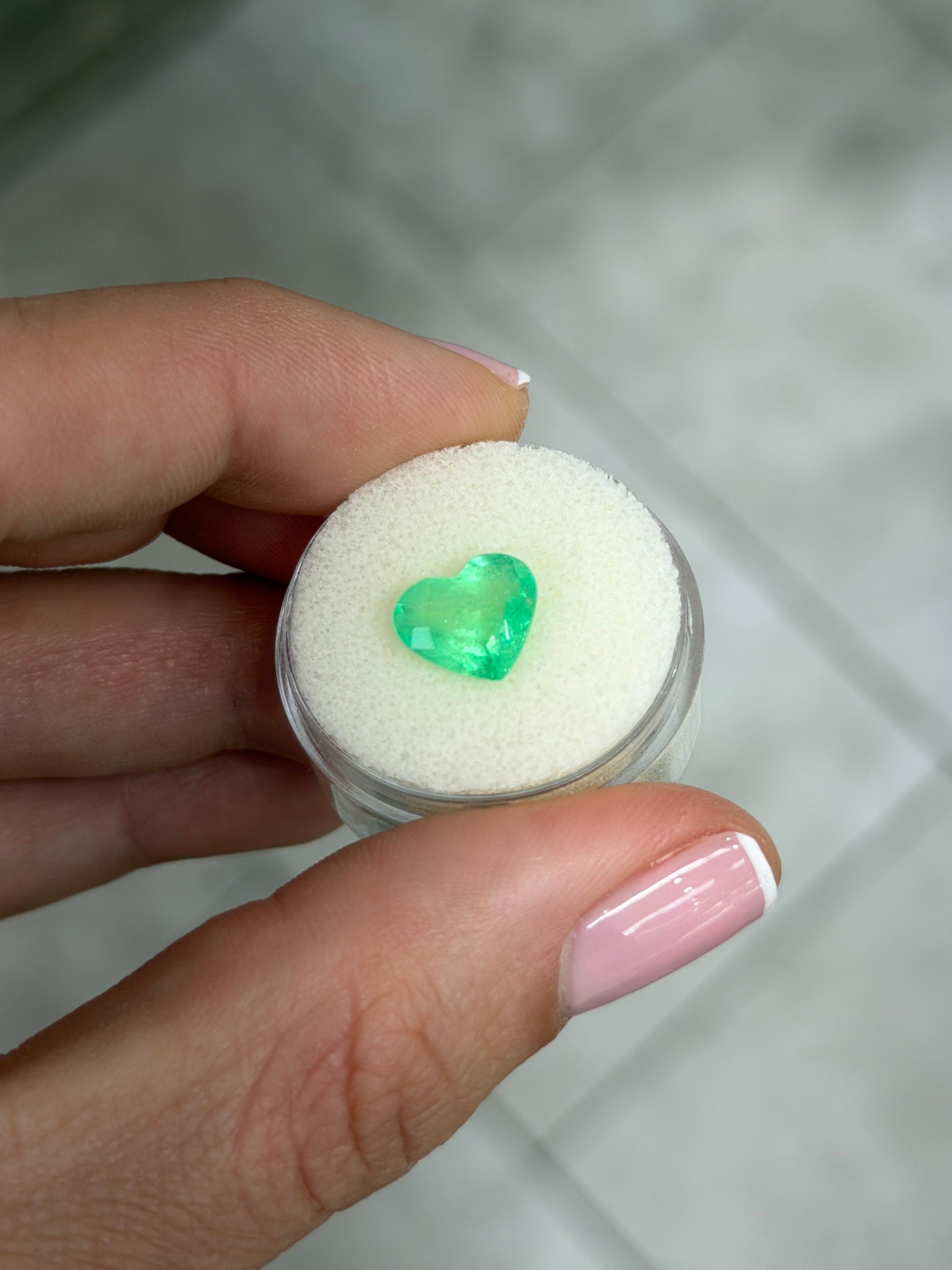 2.30 carat spring yellowish-green Colombian emerald loose heart cut gemstone from JR Colombian Emeralds.
