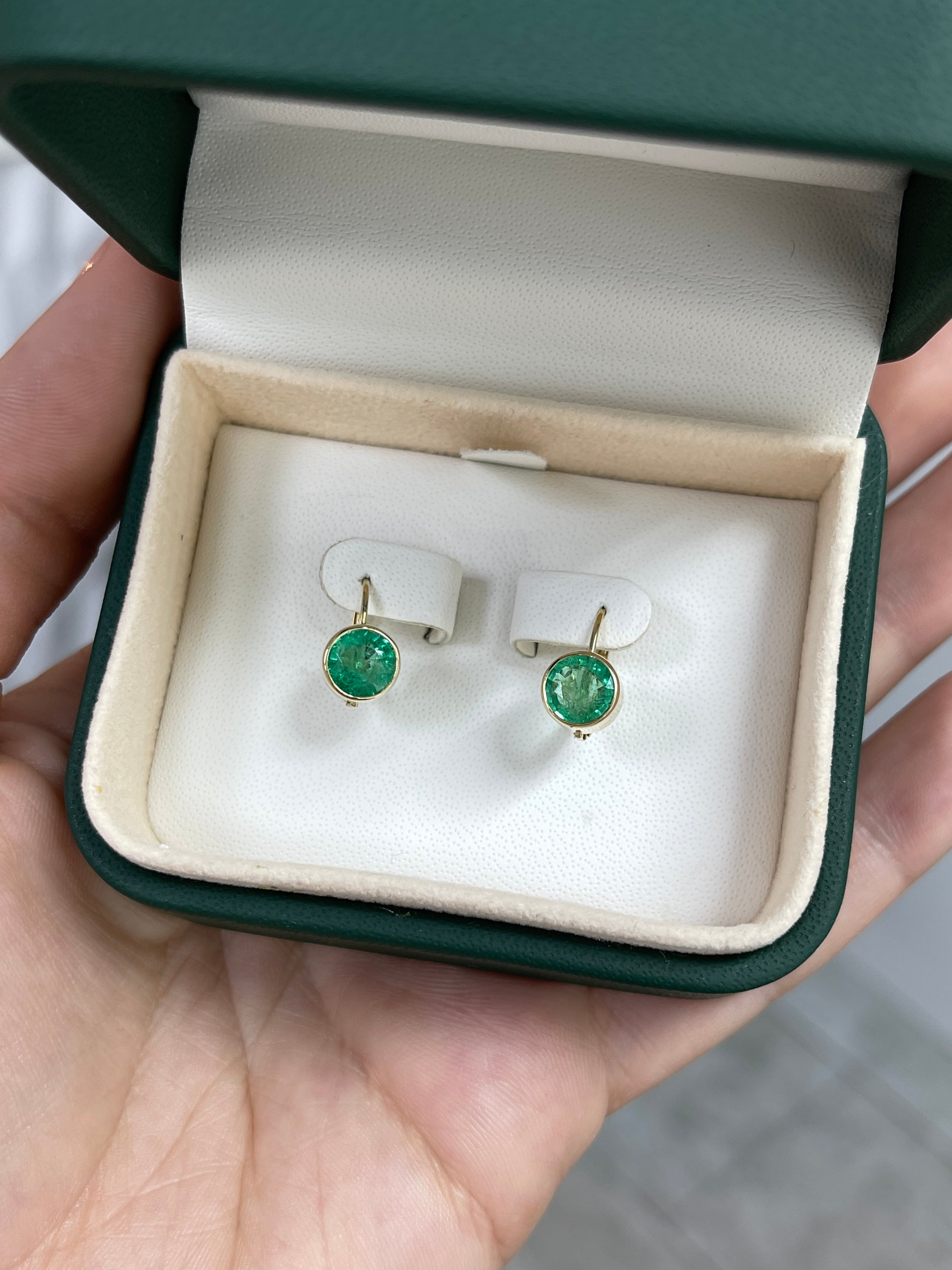2.30tcw Rich Green Round Emerald Bezel Leverback Dangle Earrings 14K Yellow