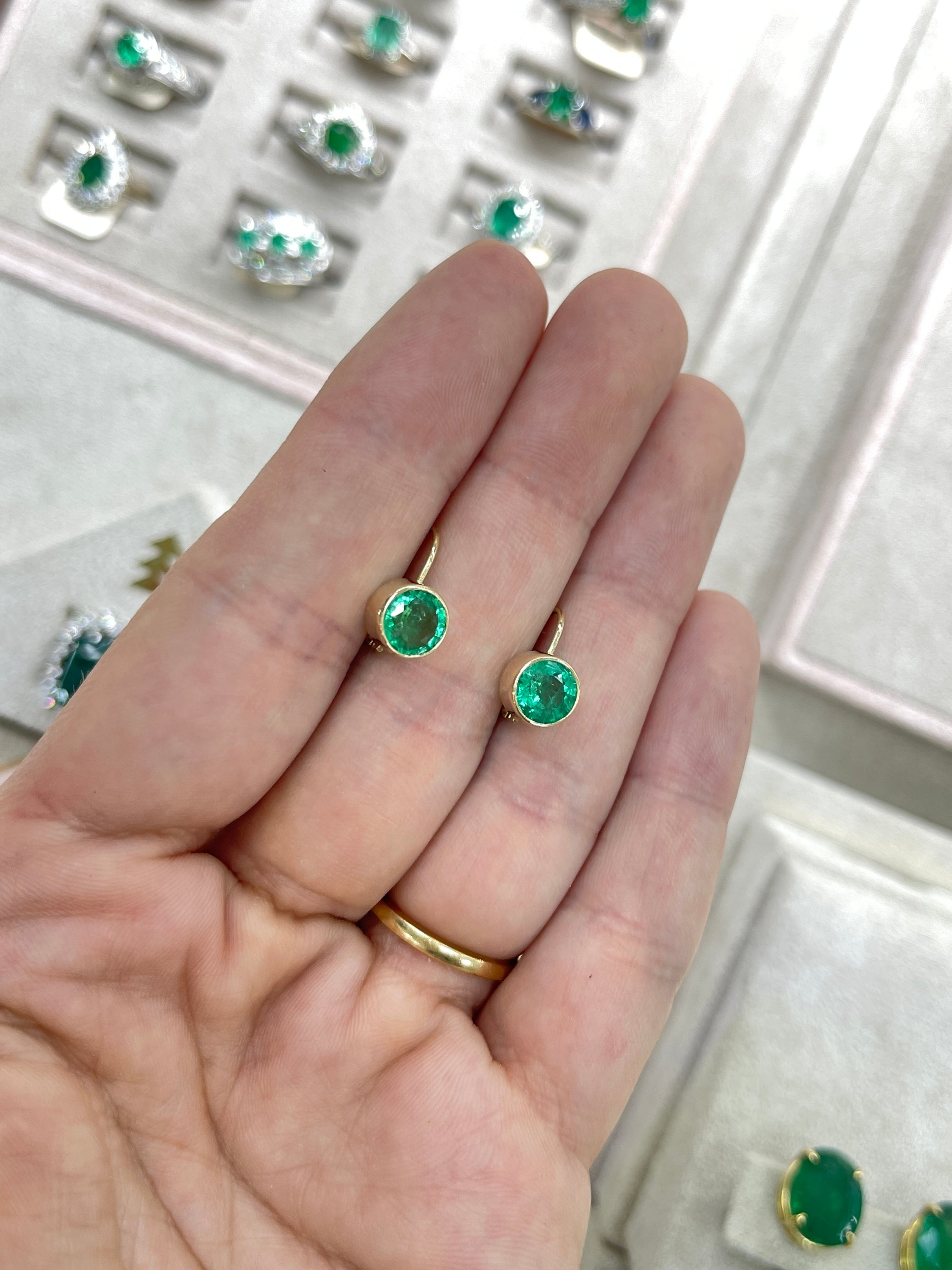 2.30tcw Rich Green Round Emerald Bezel Leverback Dangle Earrings 14K Yellow