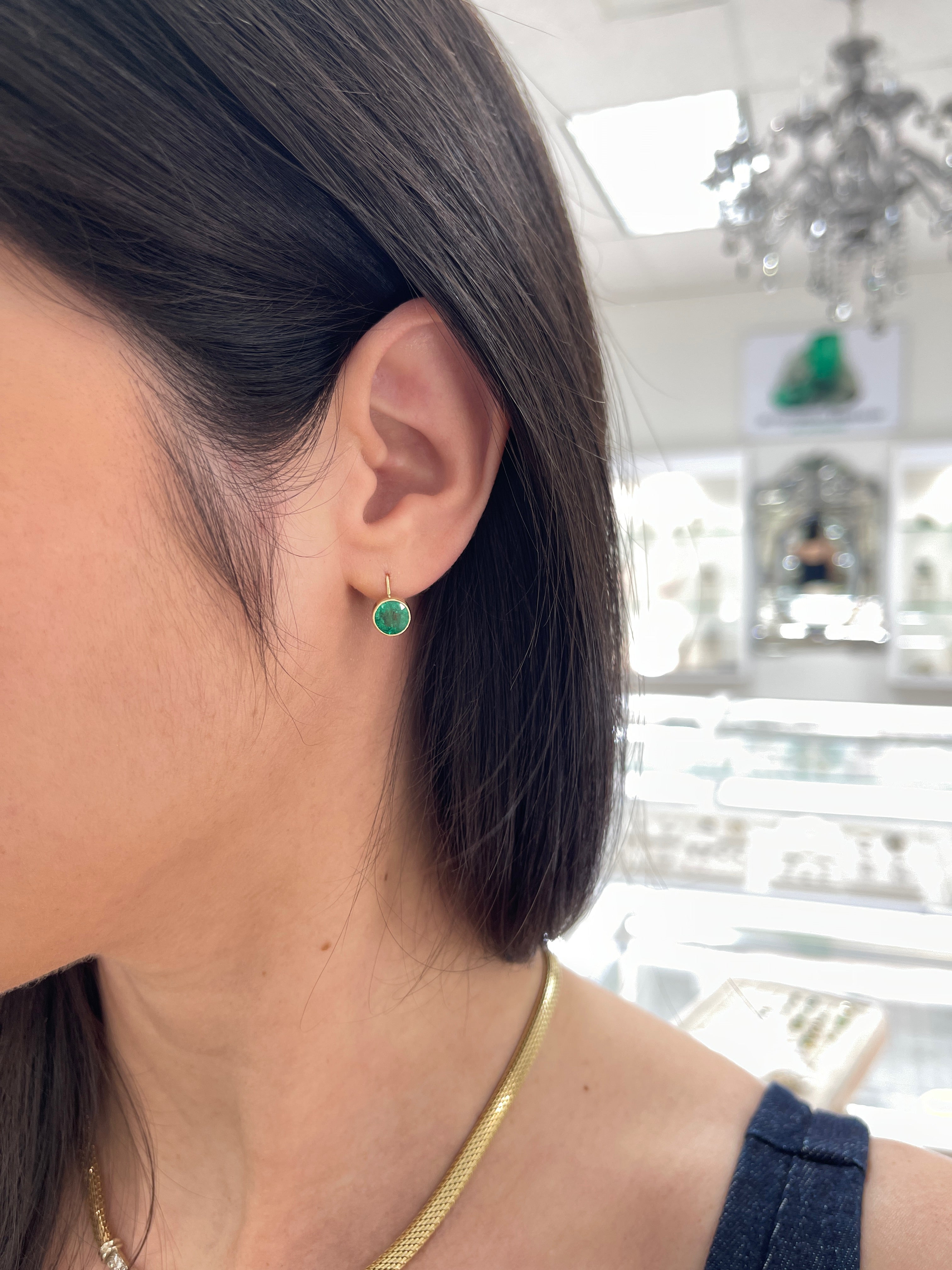 2.30tcw Rich Green Round Emerald Bezel Leverback Dangle Earrings 14K Yellow