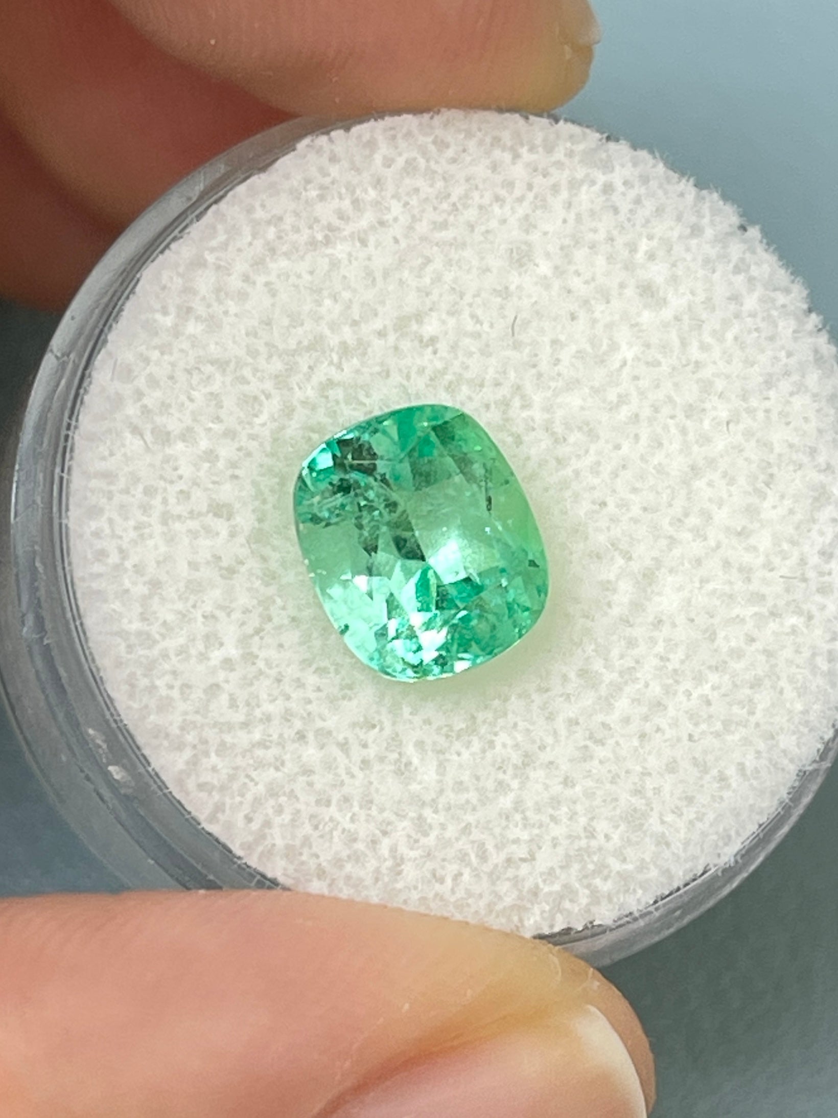 2.41 Carat eye-clean green Colombian emerald loose cushion cut gemstone from JR Colombian Emeralds.