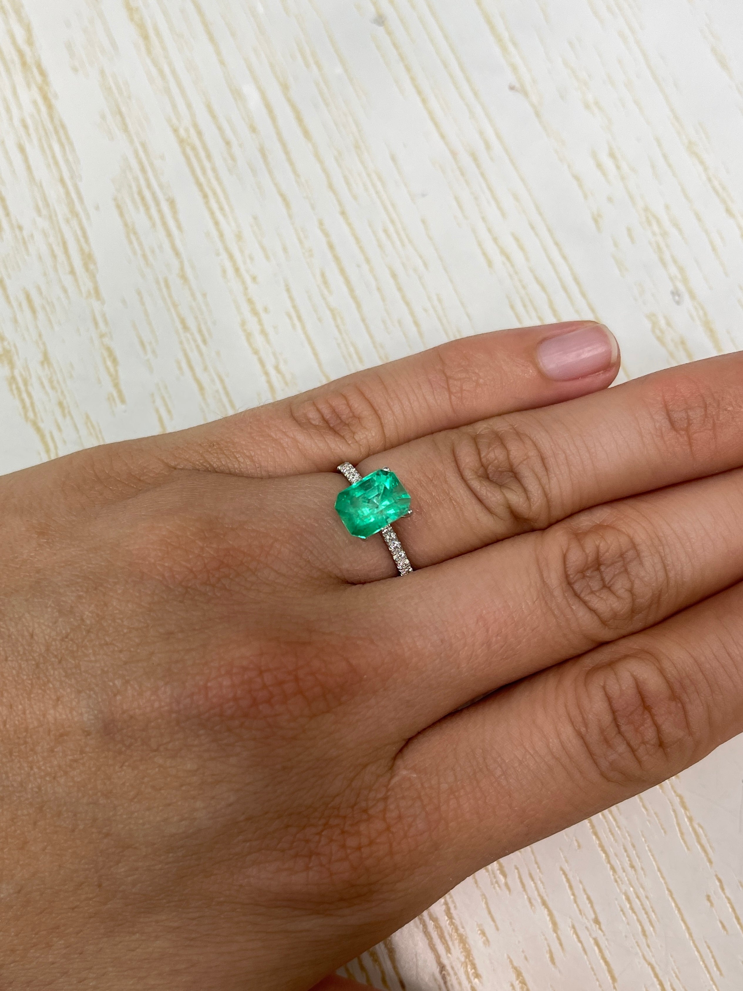 9x7 mm natural Colombian emerald loose stone, 2.44 carats, spring green color, emerald cut, from JR Colombian Emeralds.