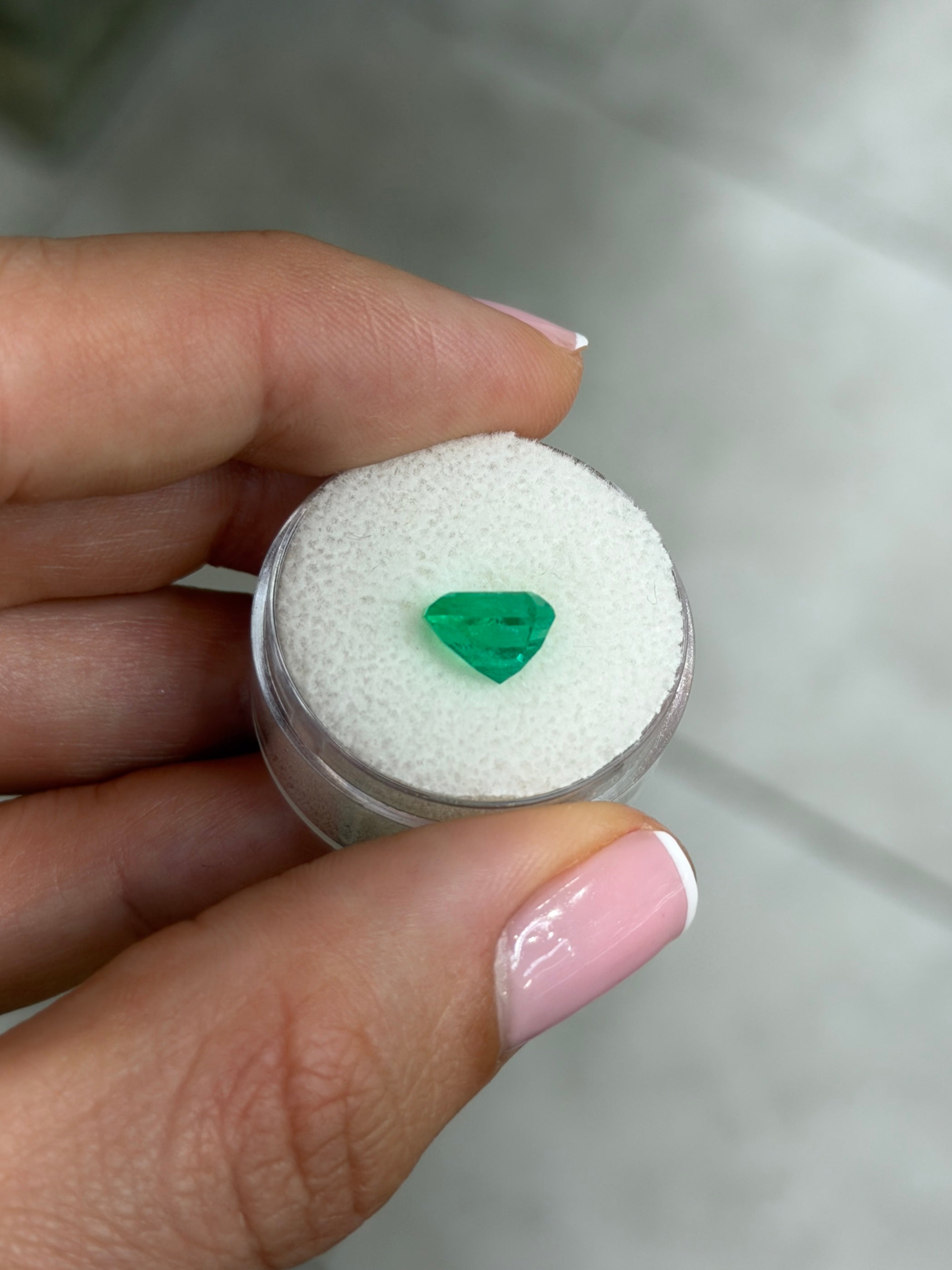 2.46 carat Colombian emerald gemstone with chunky cut, 8.5x7mm size, vibrant Muzo green, natural loose gemstone by JR Colombian Emeralds.