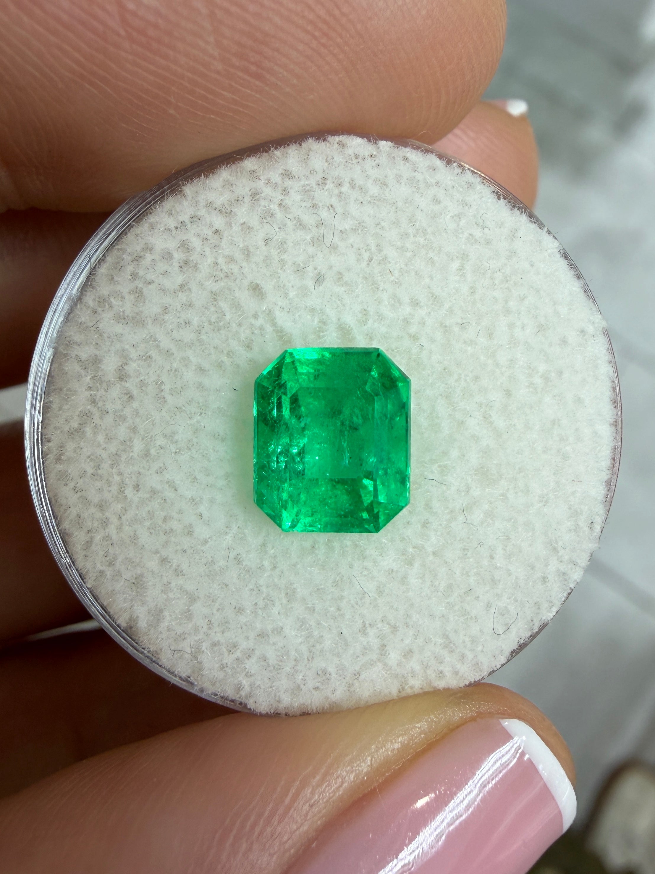 2.46 carat Colombian emerald gemstone with chunky cut, 8.5x7mm, vibrant Muzo green, loose natural gemstone by JR Colombian Emeralds.
