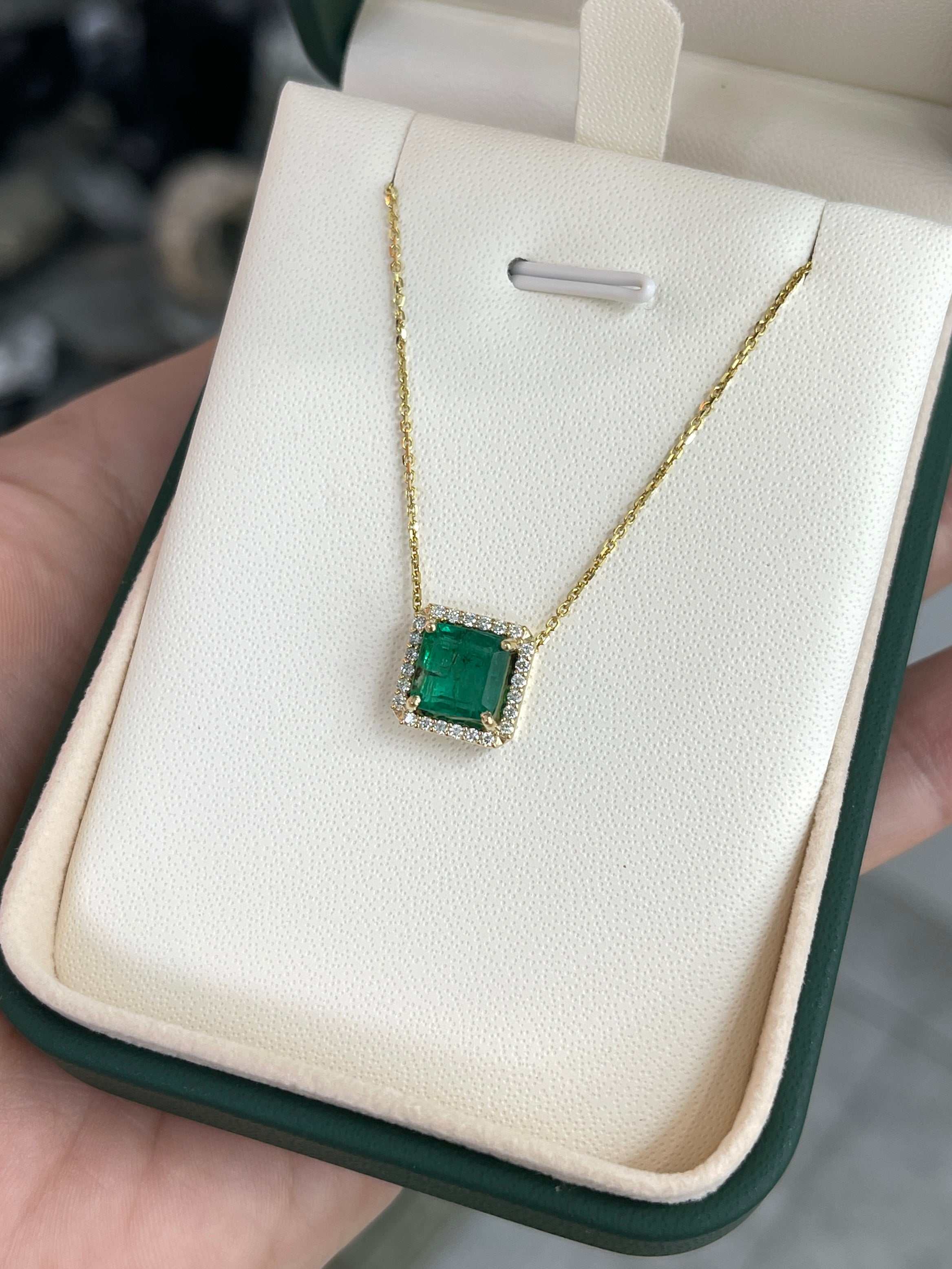 2.48tcw Asscher Cut Emerald & Diamond Halo Stationary Necklace 14K Gold - JR Colombian Emeralds