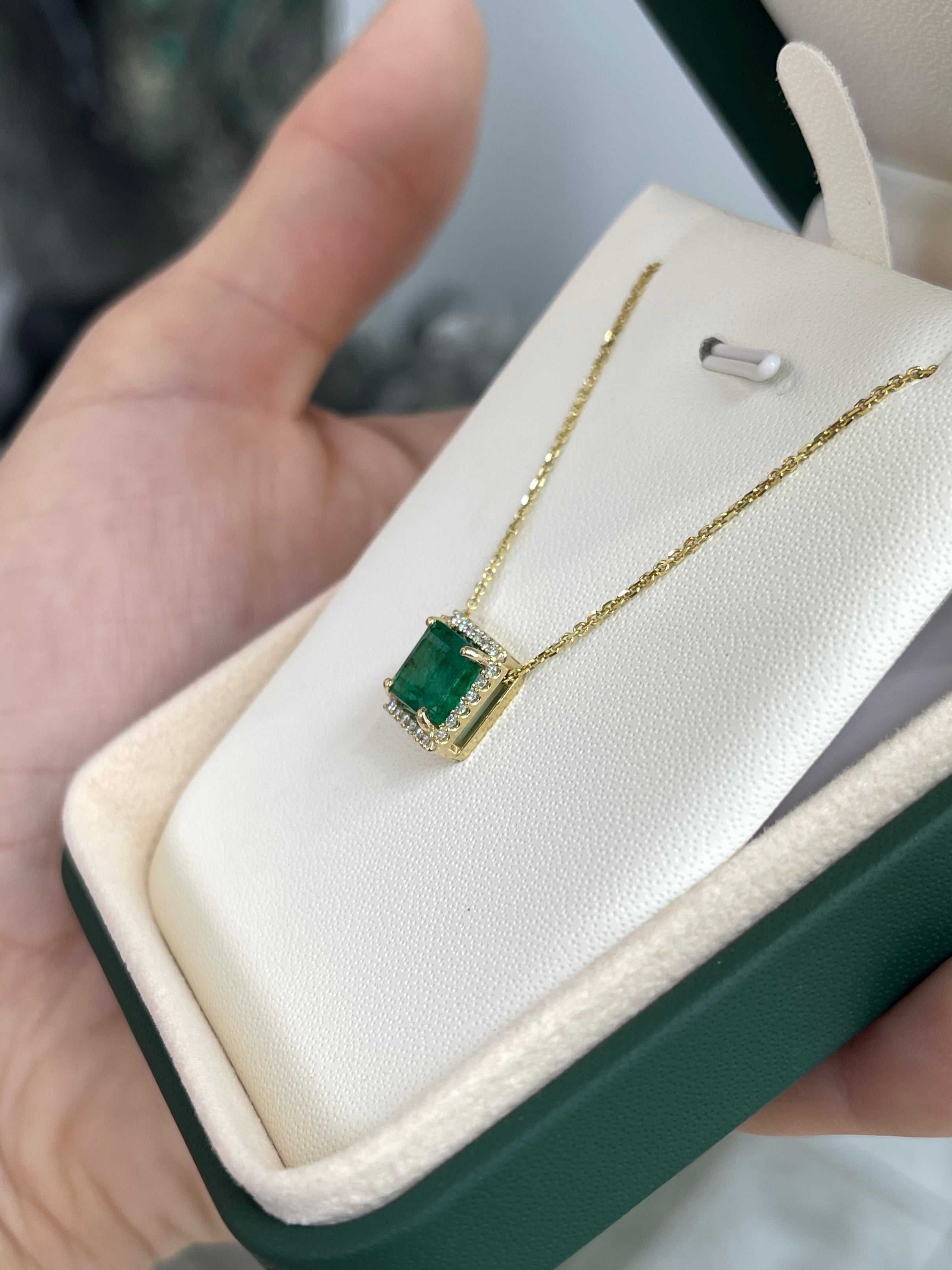 2.48tcw Asscher Cut Emerald & Diamond Halo Stationary Necklace 14K Gold - JR Colombian Emeralds