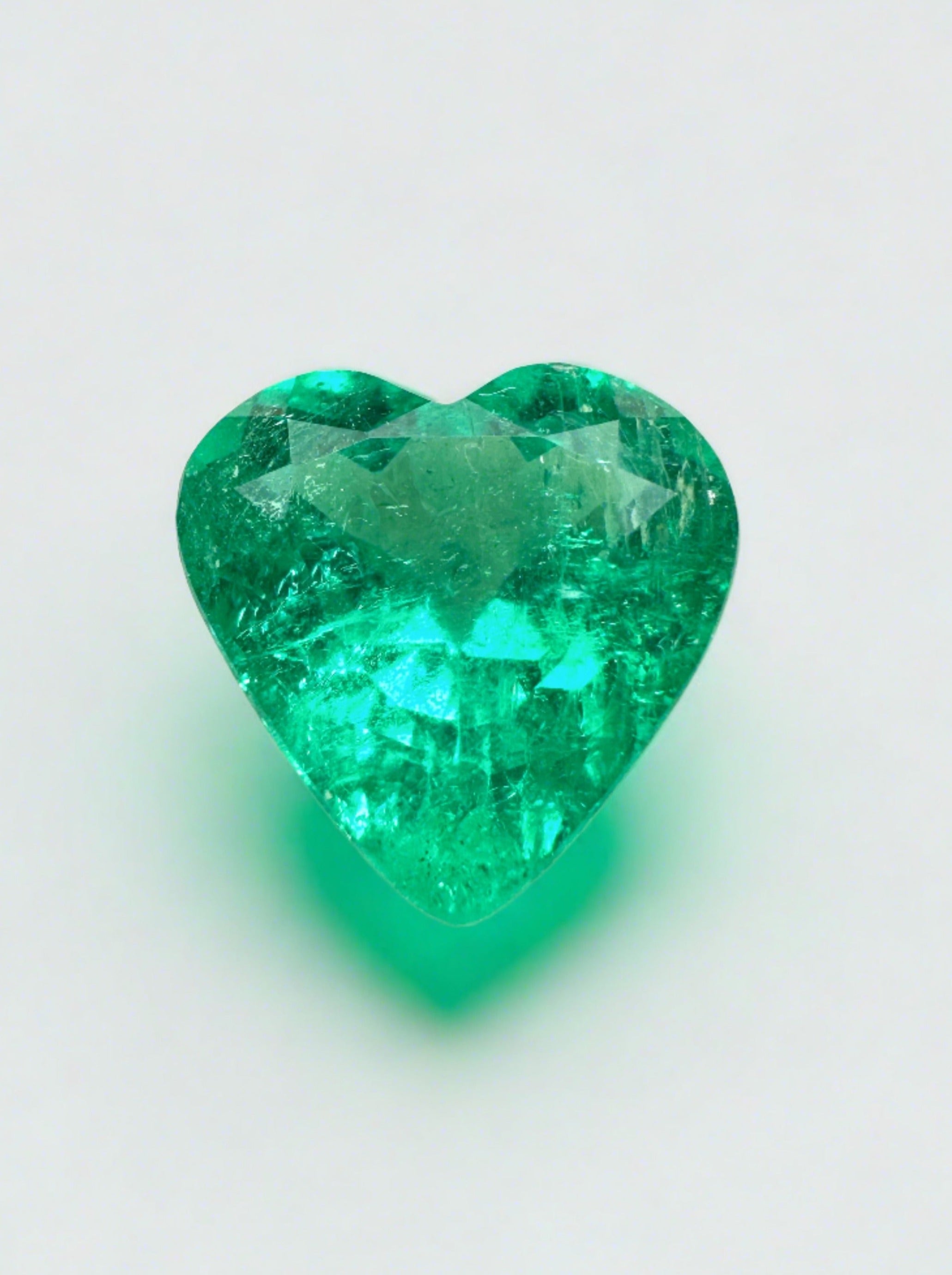 2.52 carat bluish-green natural Colombian emerald loose stone with heart cut, from JR Colombian Emeralds.
