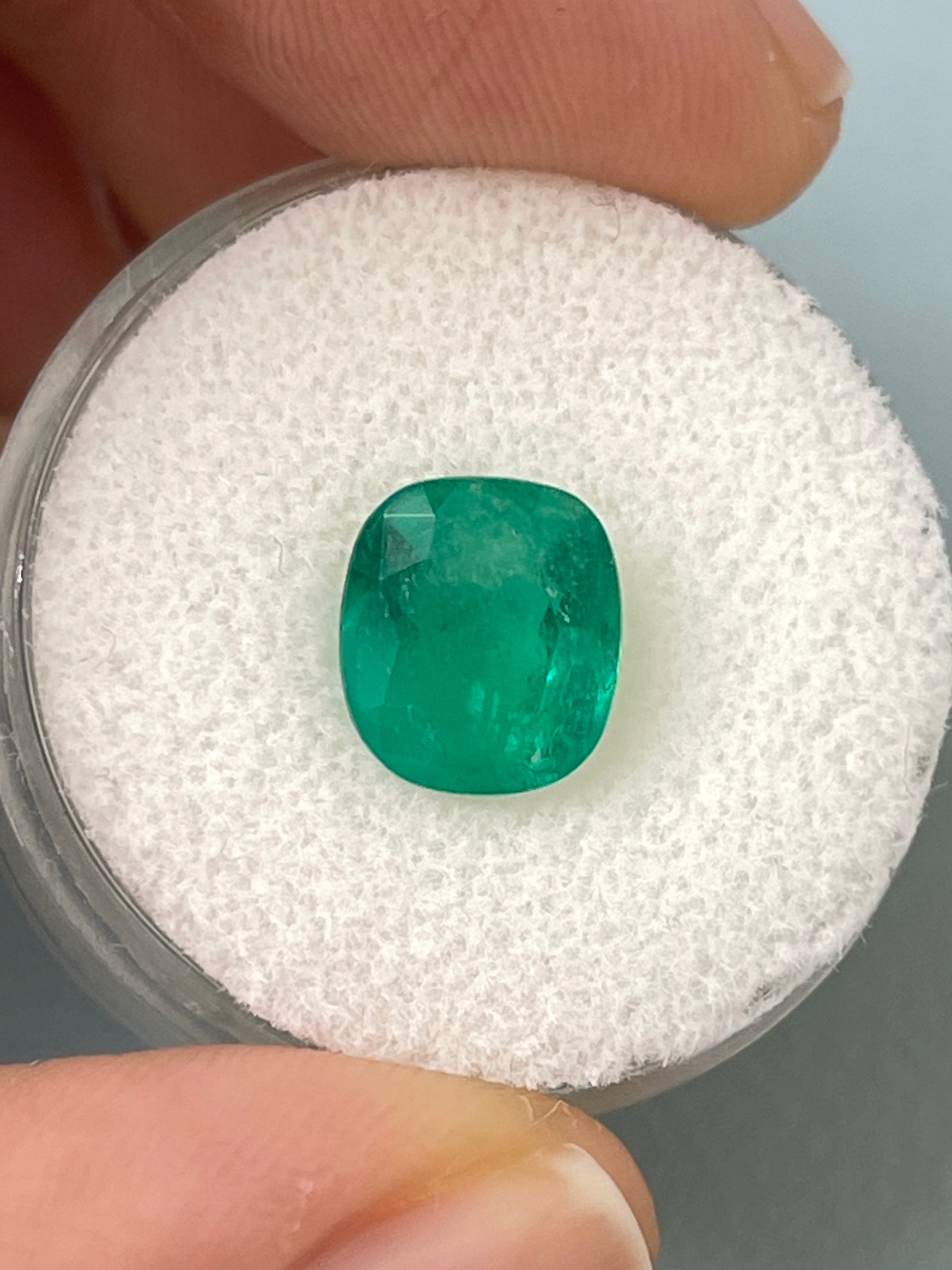 Deep green 2.55 carat Colombian emerald, cushion cut, natural loose gemstone from JR Colombian Emeralds.