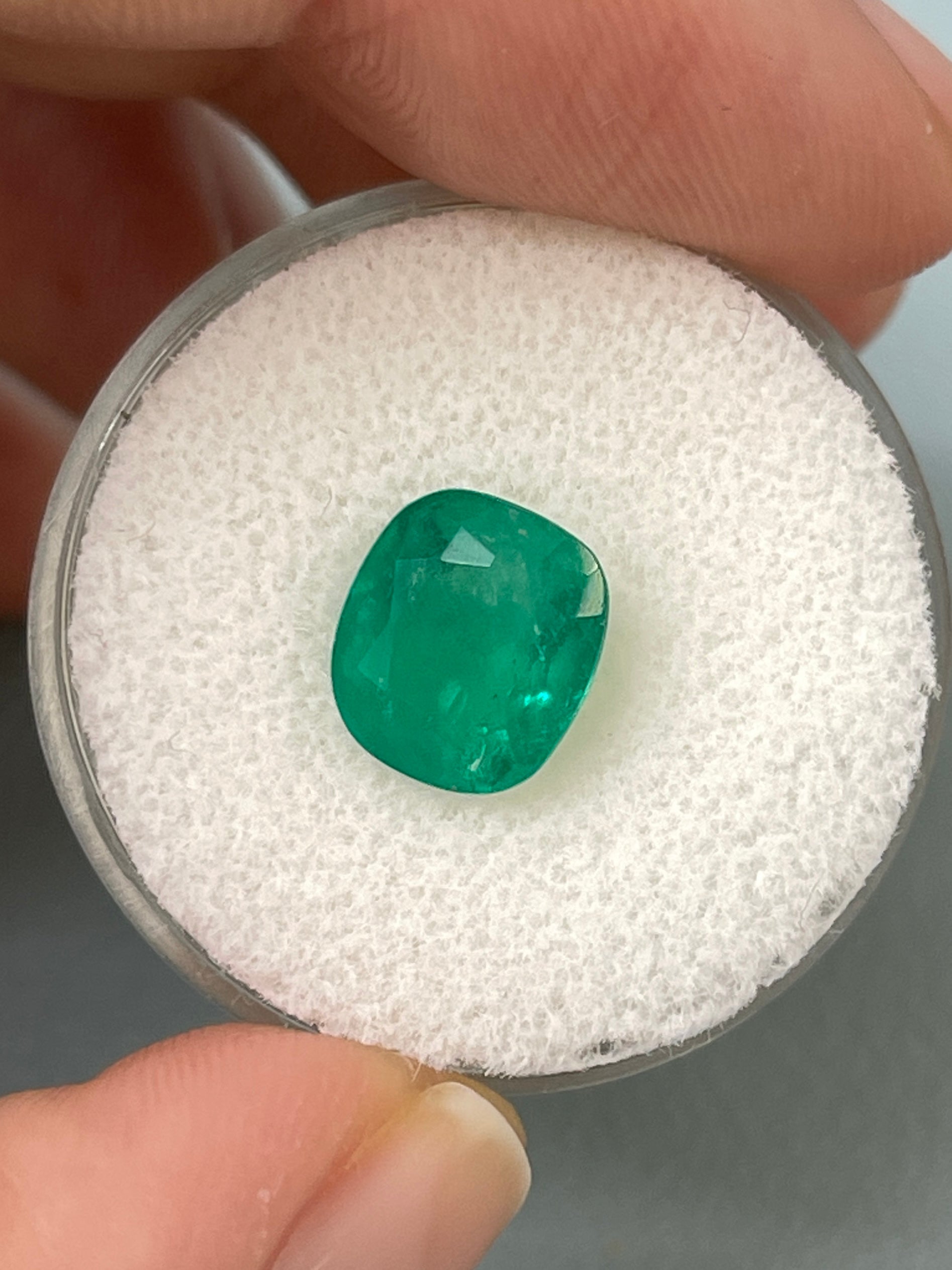 Deep green 2.55 carat natural Colombian emerald loose cushion cut gemstone from JR Colombian Emeralds.