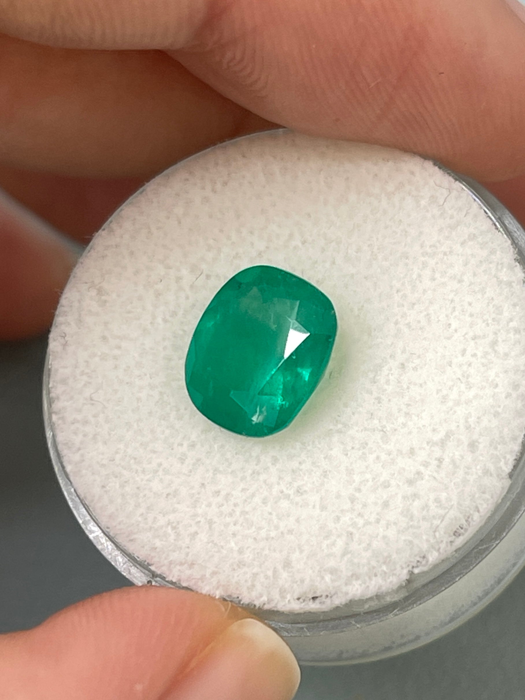 Deep green 2.55 carat natural Colombian emerald loose cushion cut gemstone from JR Colombian Emeralds.