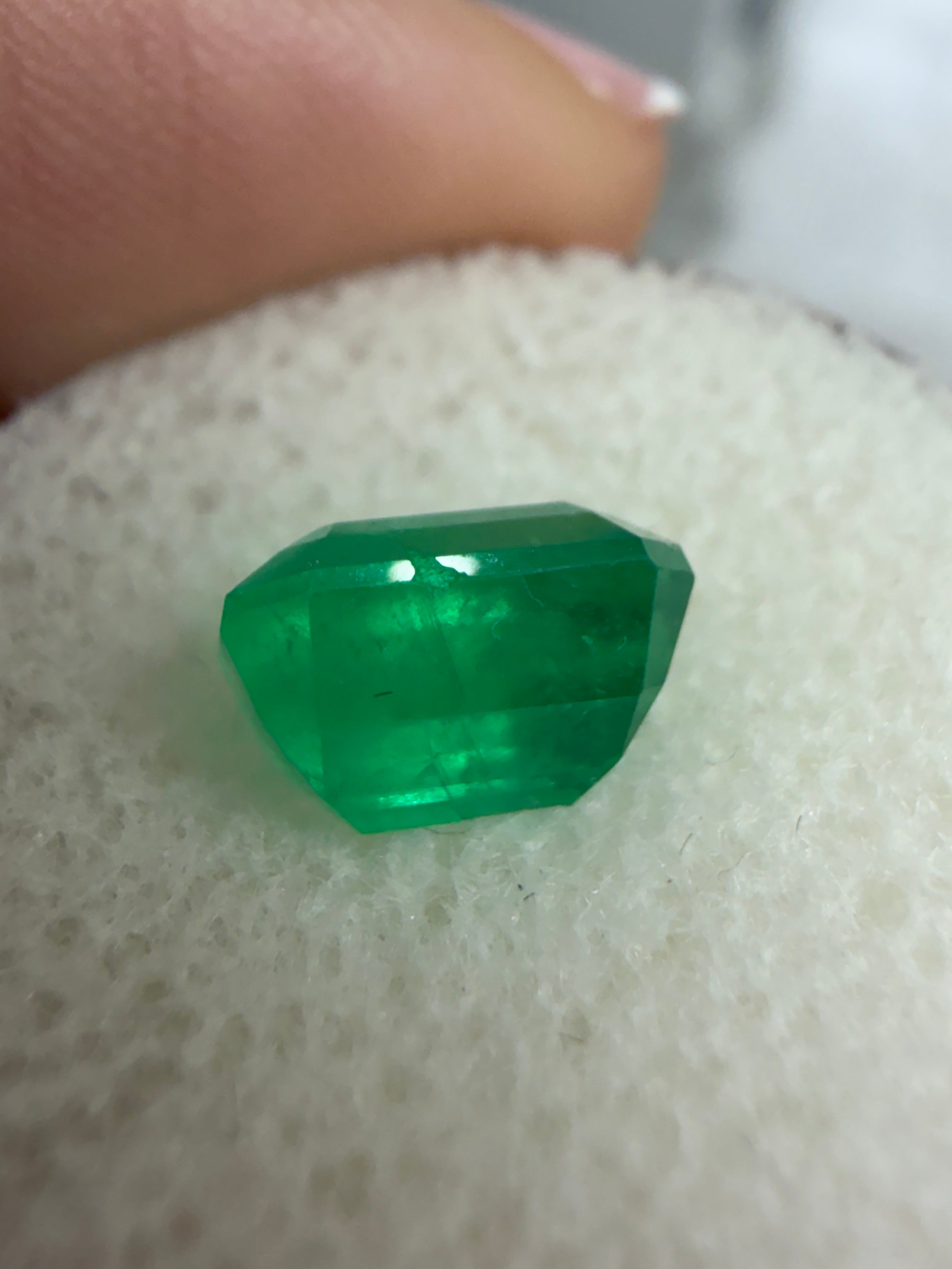 Vivid 2.57 carat Colombian emerald loose gemstone, 9x7 mm emerald cut in yellowish green by JR Colombian Emeralds