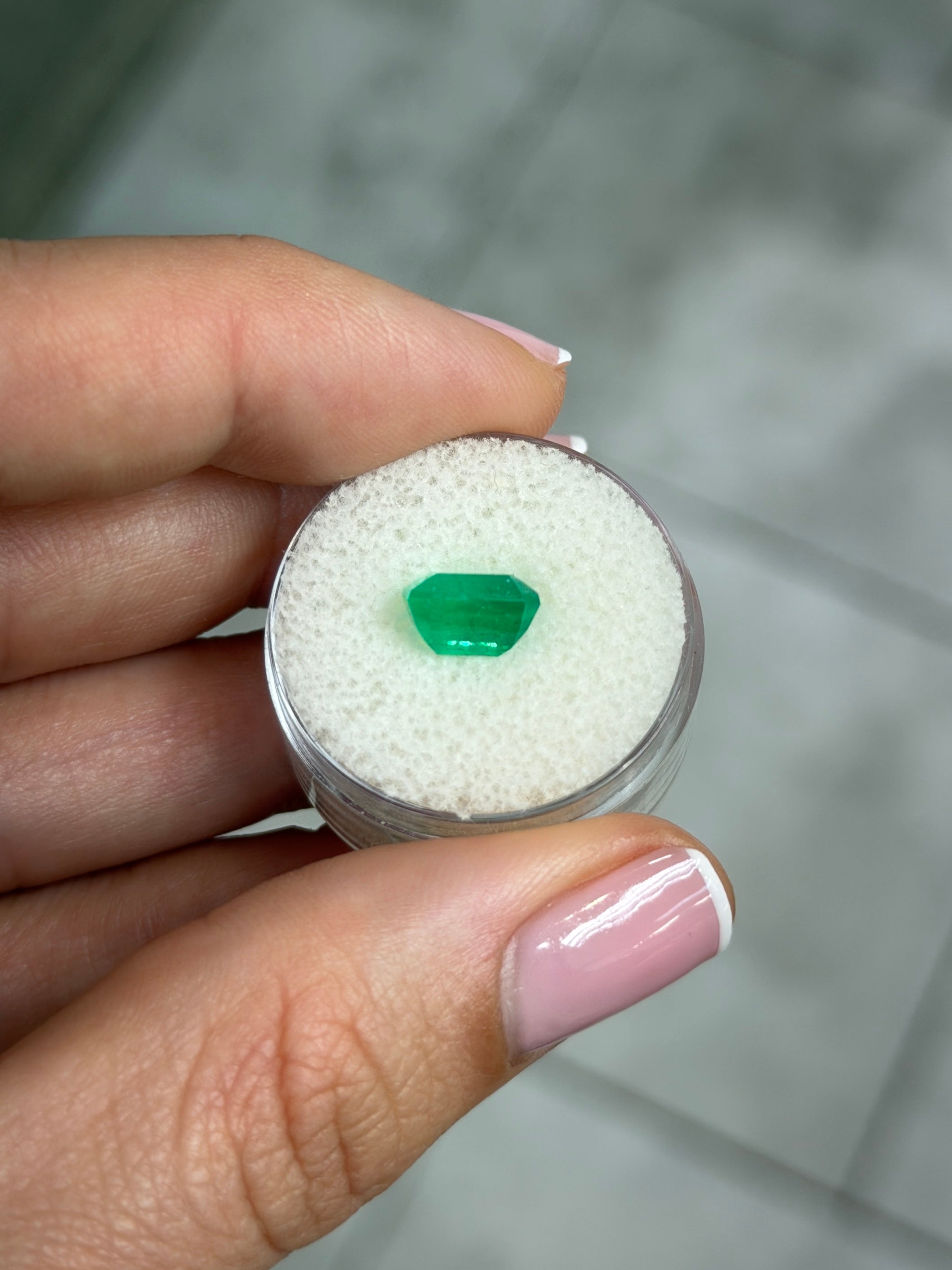2.57 carat natural vivid Colombian emerald loose gemstone, 9x7 mm emerald cut, yellowish green color from JR Colombian Emeralds