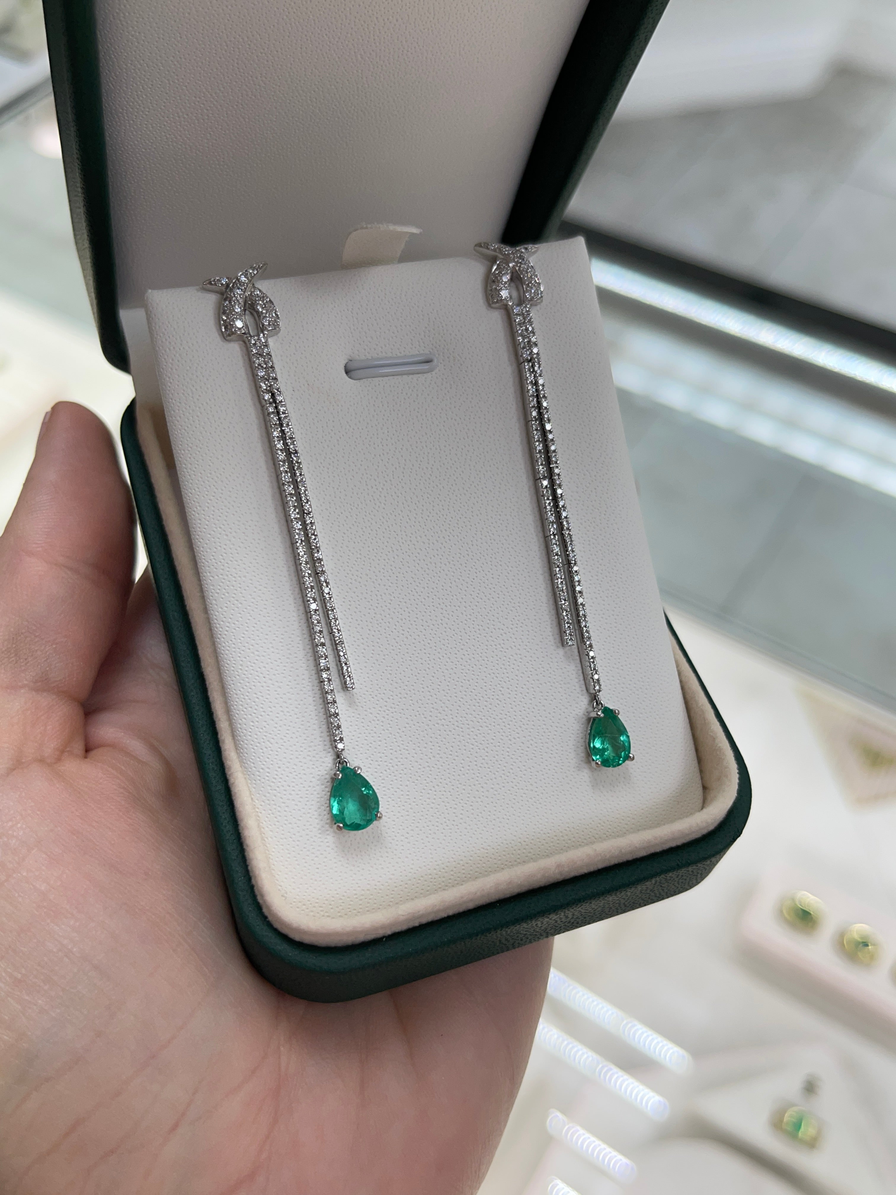 2.58tcw Teardrop Natural Emerald & Diamond Chandelier Earrings 18K White Gold - JR Colombian Emeralds