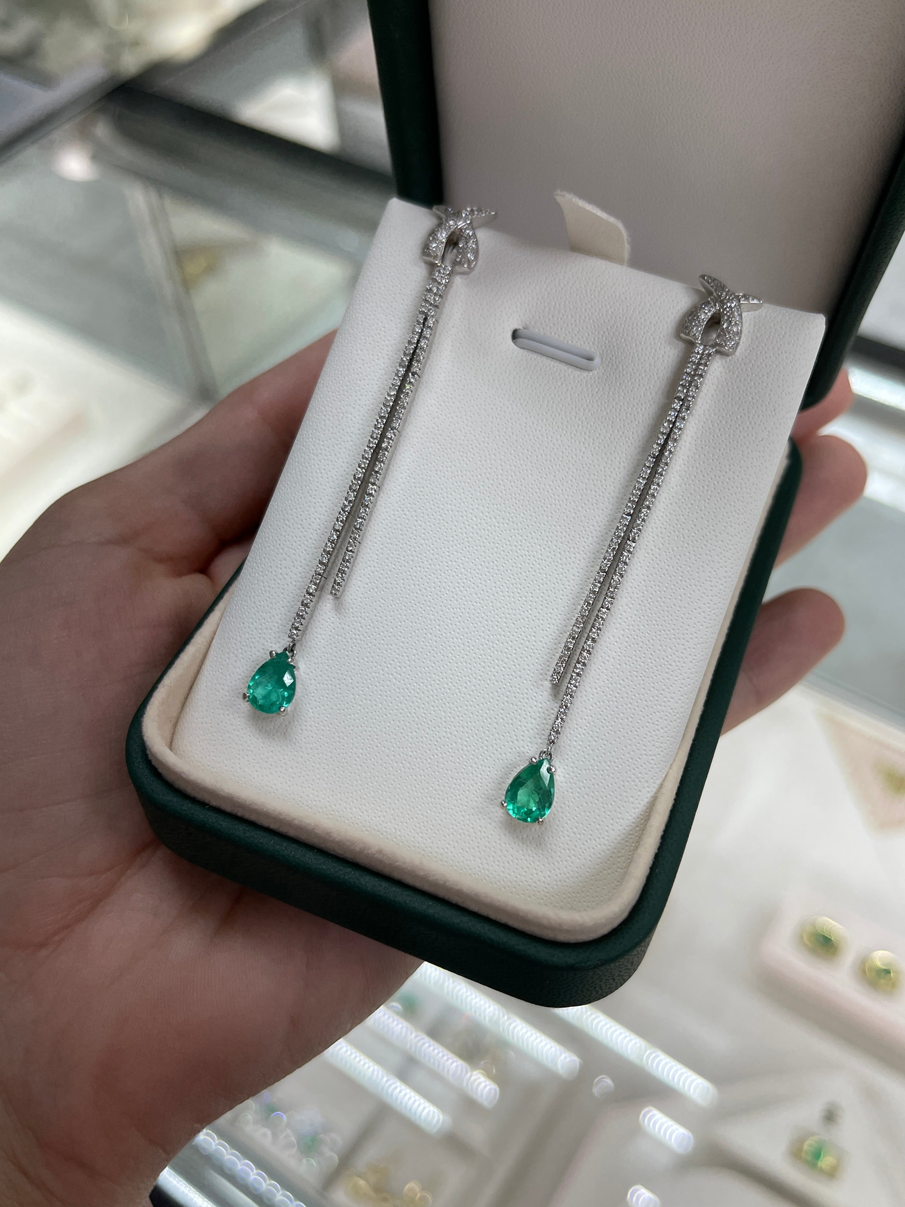 2.58tcw Teardrop Natural Emerald & Diamond Chandelier Earrings 18K White Gold - JR Colombian Emeralds