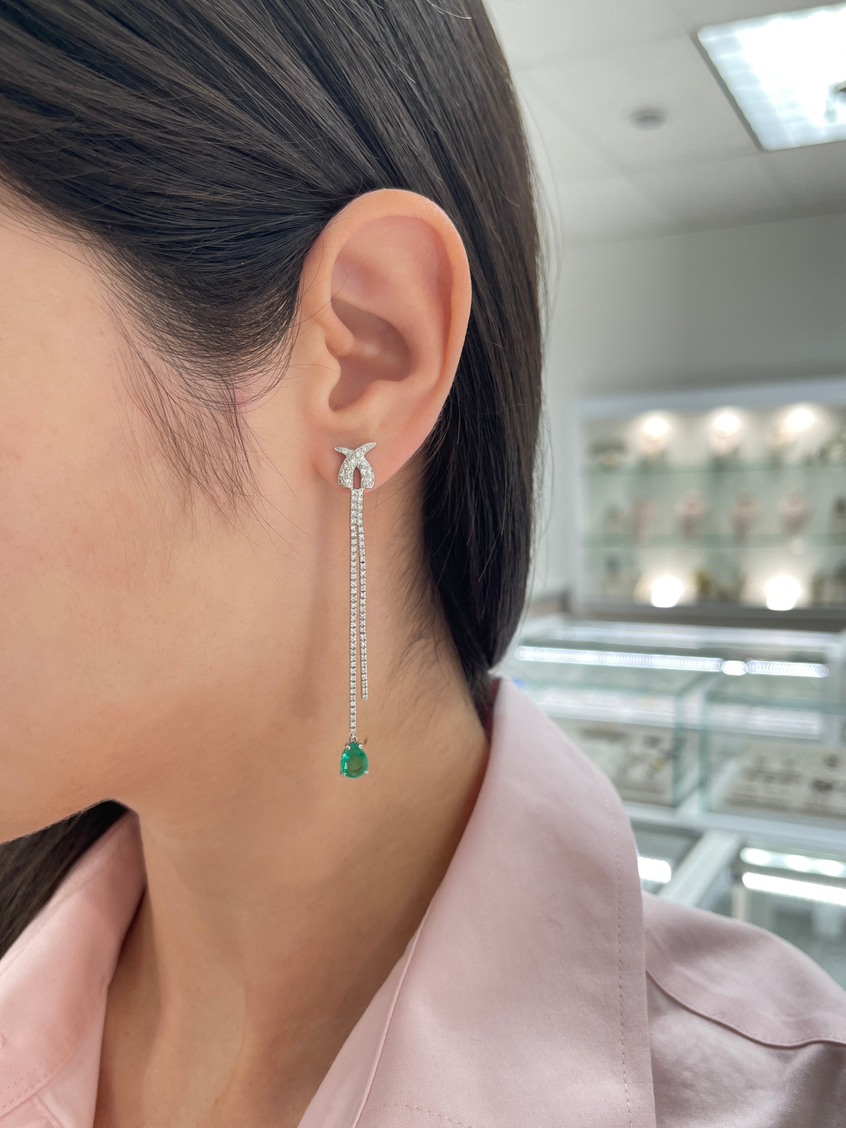 2.58tcw Teardrop Natural Emerald & Diamond Chandelier Earrings 18K White Gold - JR Colombian Emeralds