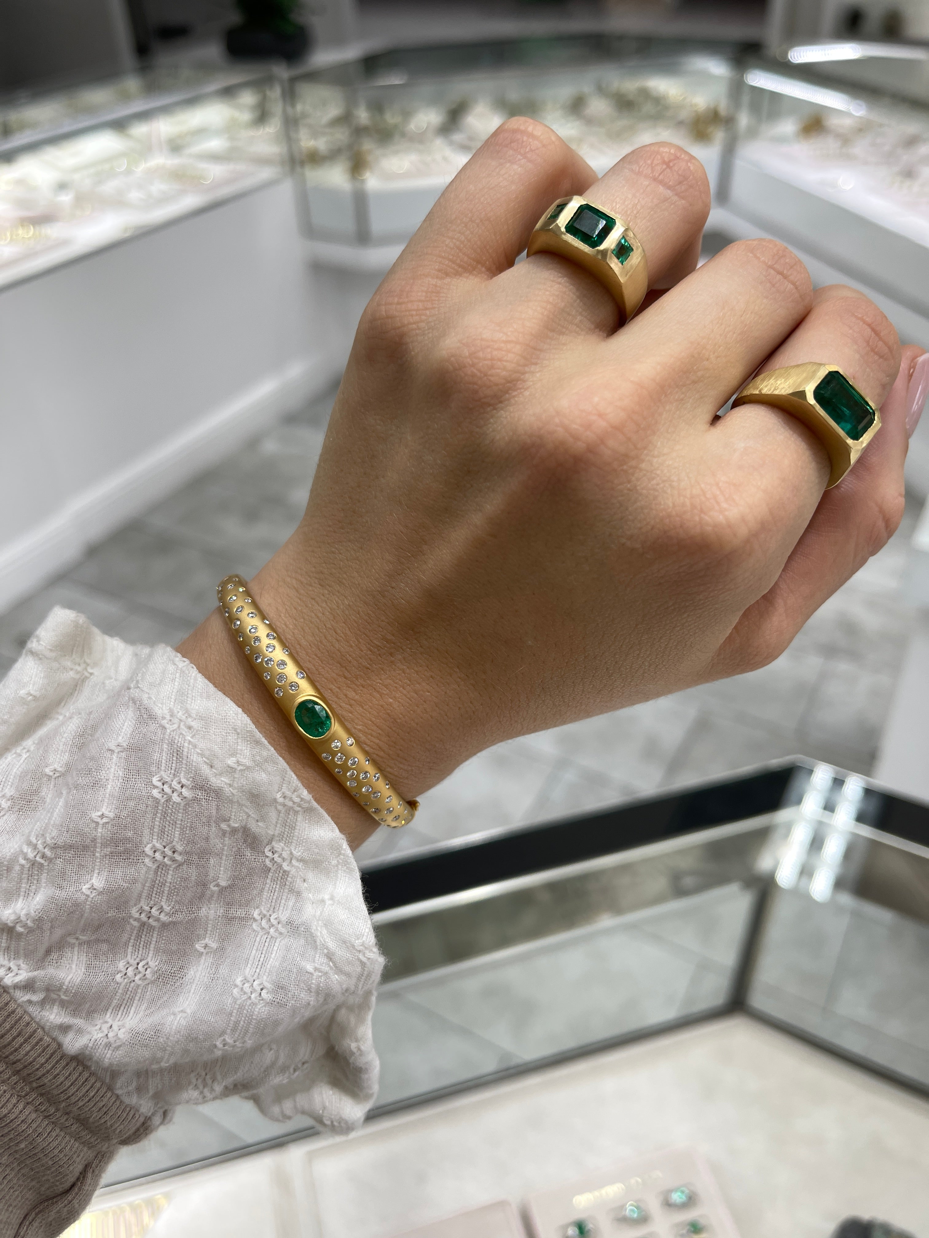 2.66tcw Celestial Emerald & Diamond Constellation Bangle in 14K Gold - JR Colombian Emeralds