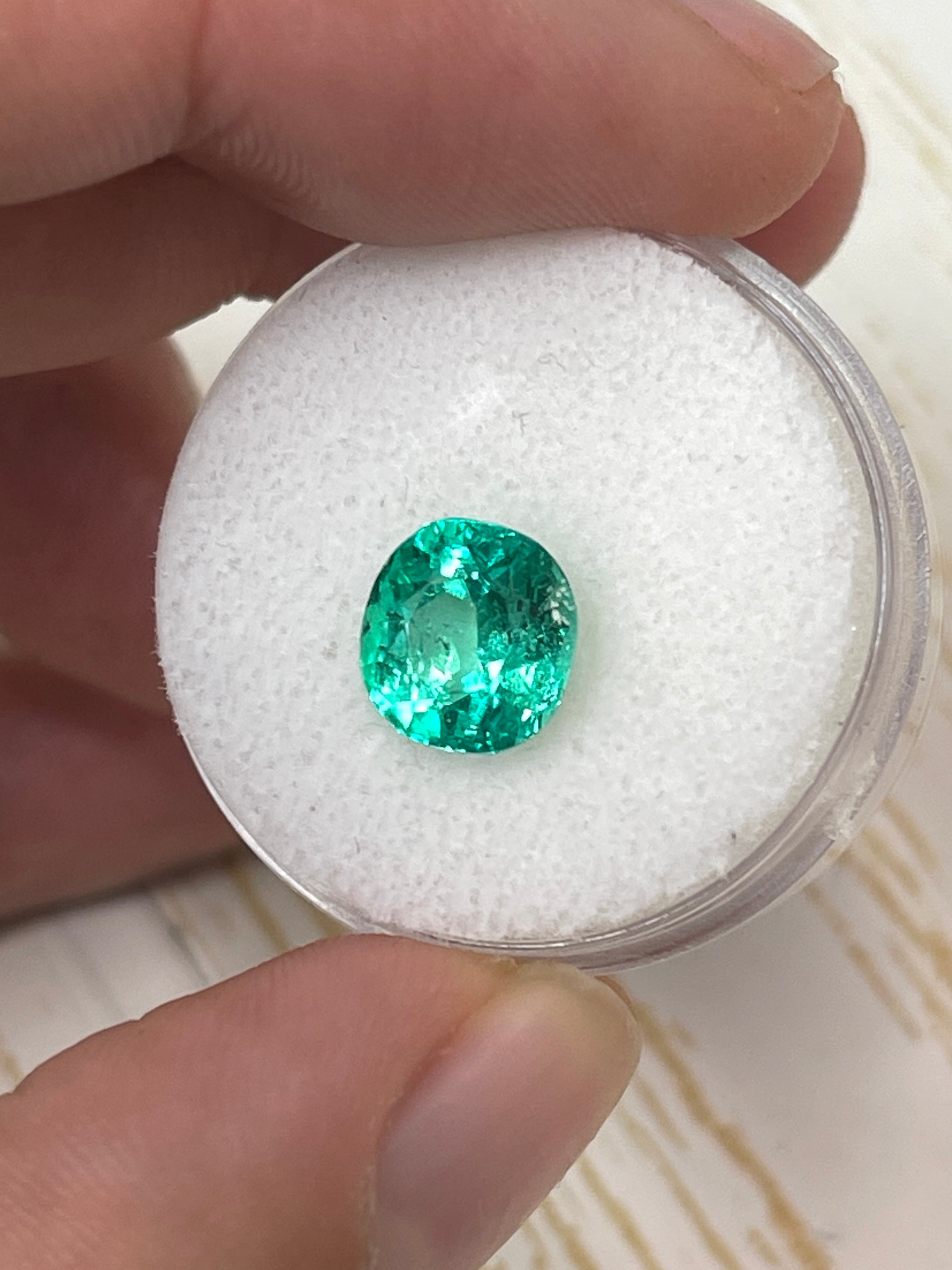 2.67 Carat GLOWING Muzo green Colombian emerald loose cushion cut gemstone, natural and vibrant, from JR Colombian Emeralds