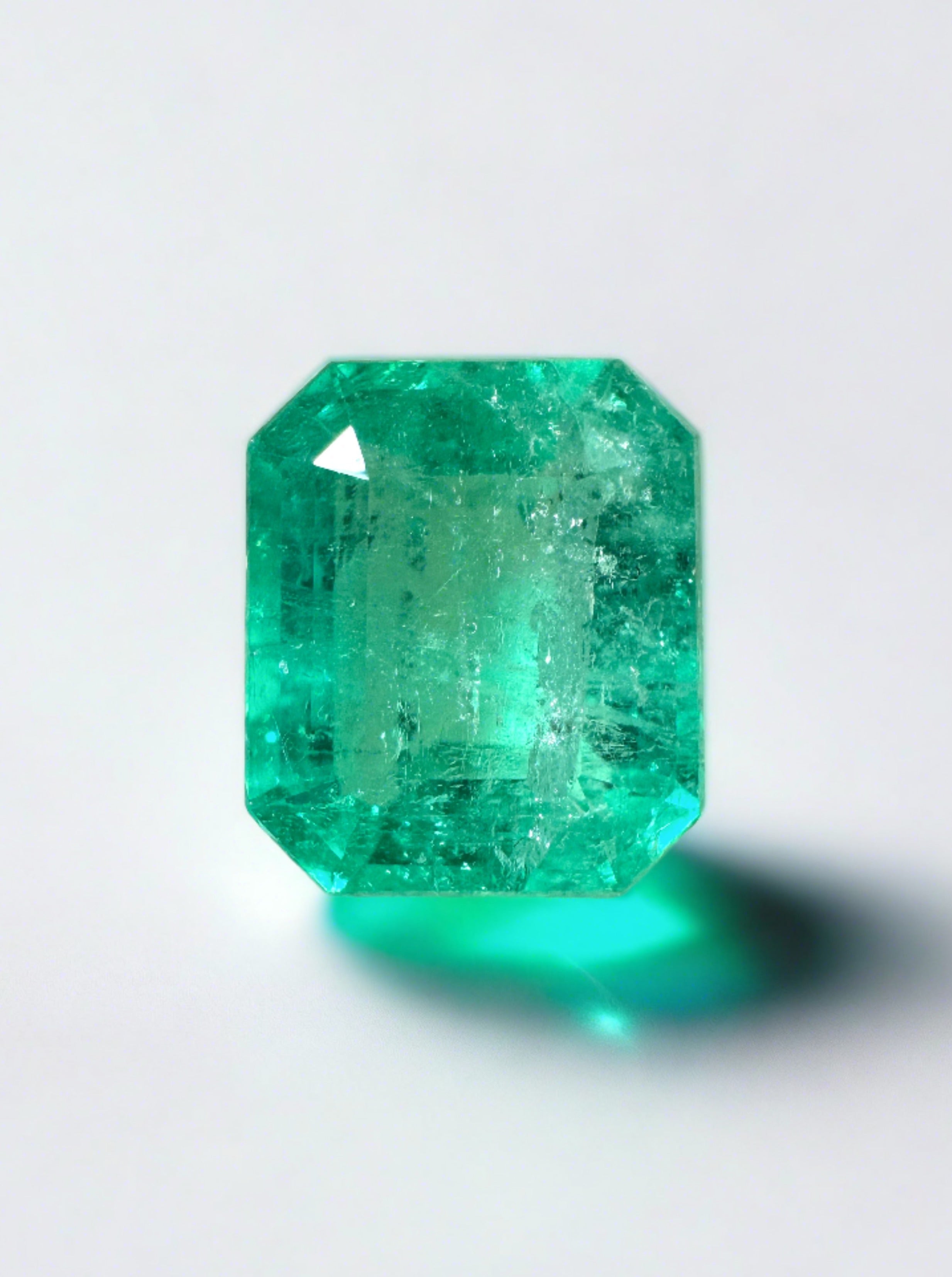2.68 carat natural Colombian emerald loose gemstone in an emerald cut with a chunky 9x8 mm shape, from JR Colombian Emeralds.