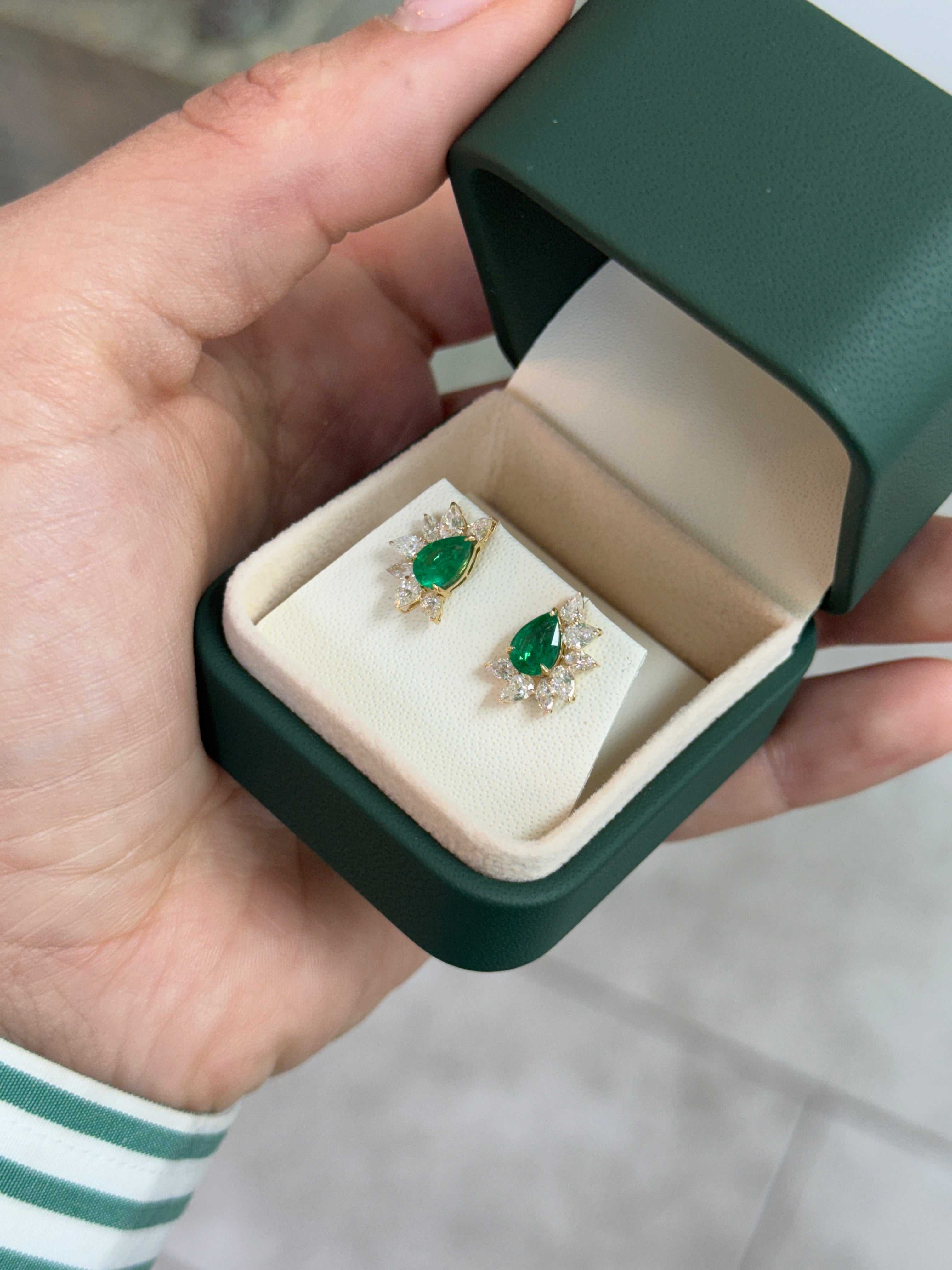2.68tcw 18K Natural Rich Green Pear Emerald & Pear Diamond Starburst Stud Earrings- Yellow Gold