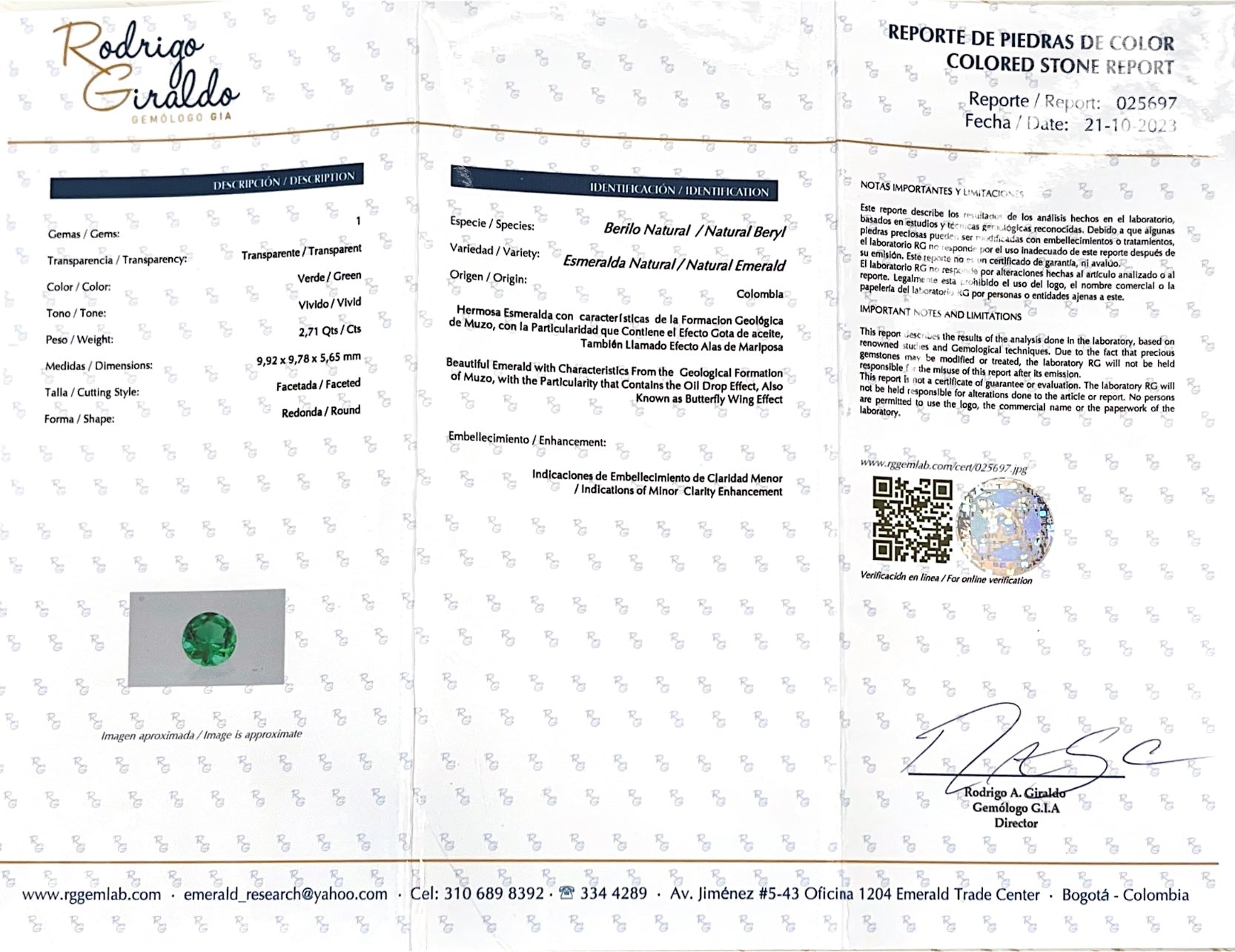 2.71 carat natural round Colombian emerald with AAA+ clarity, drop of oil appearance, loose gemstone from JR Colombian Emeralds