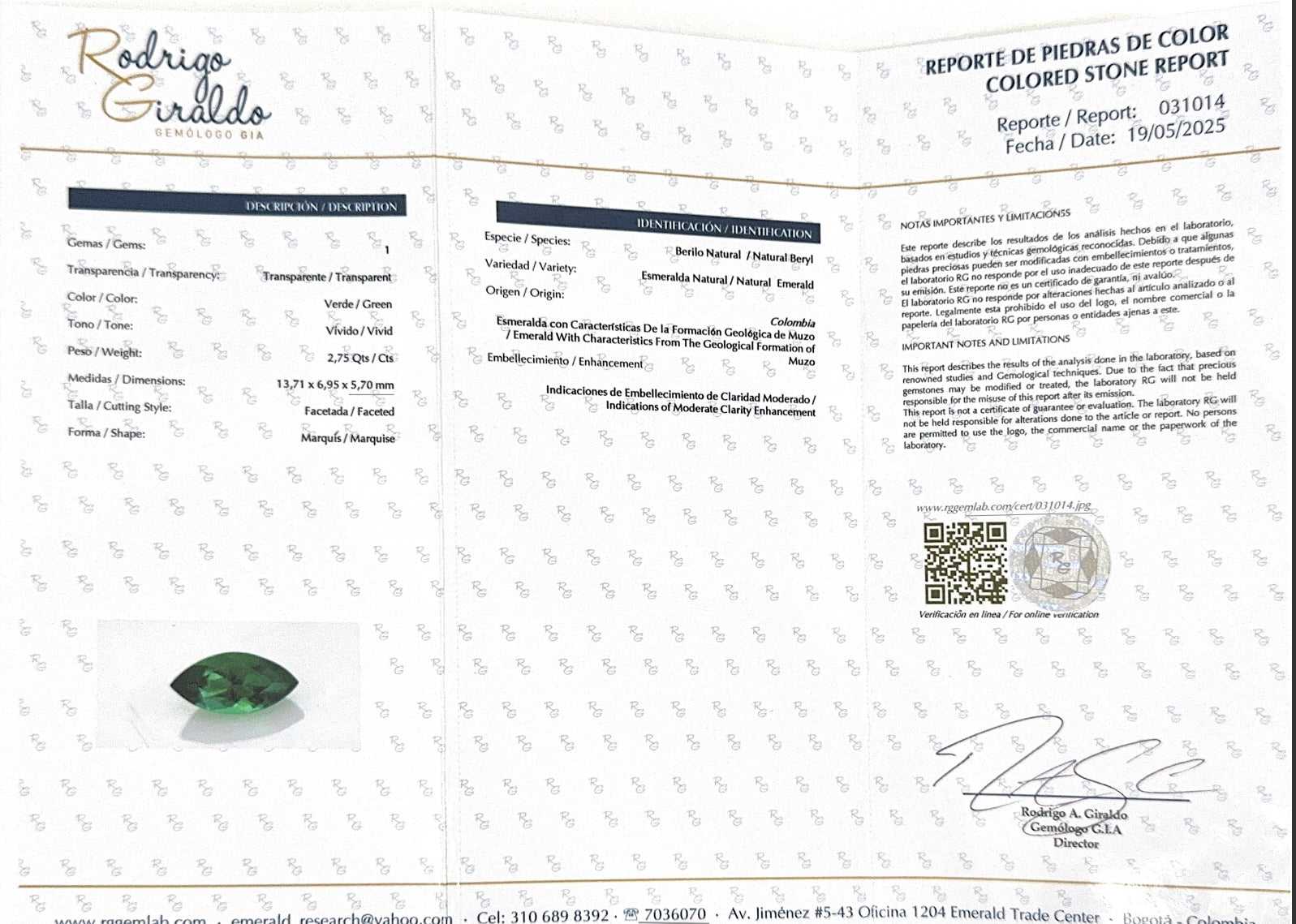 2.75cts 14x7 AAA+ Natural Colombian Green Emerald Marquise Cut - JR Colombian Emeralds