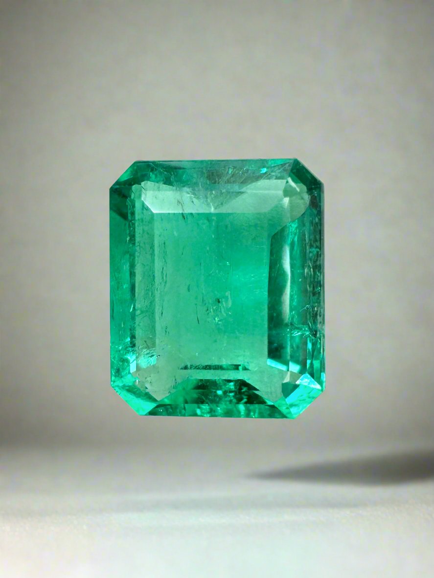 Crystalline green 2.85 carat natural Colombian emerald loose gemstone in emerald cut, 9.4x8 mm, from JR Colombian Emeralds.