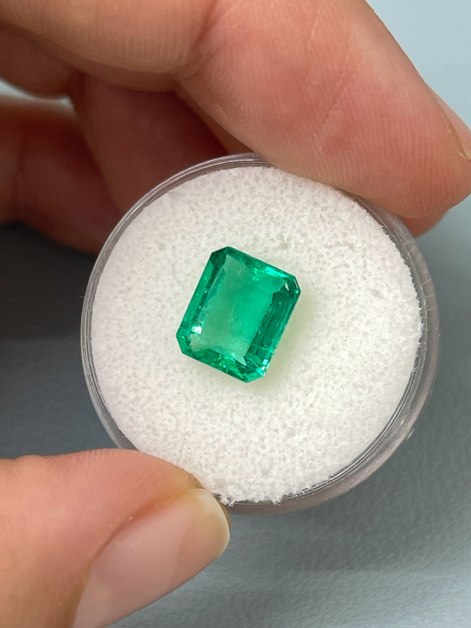 2.85 carat natural Colombian emerald loose gemstone, emerald cut, vibrant crystalline green from JR Colombian Emeralds.