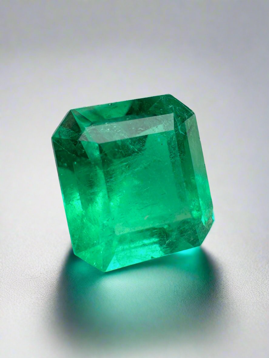 Vivid green 2.90 carat natural Colombian emerald loose gemstone in Asscher cut, displayed against a neutral background.