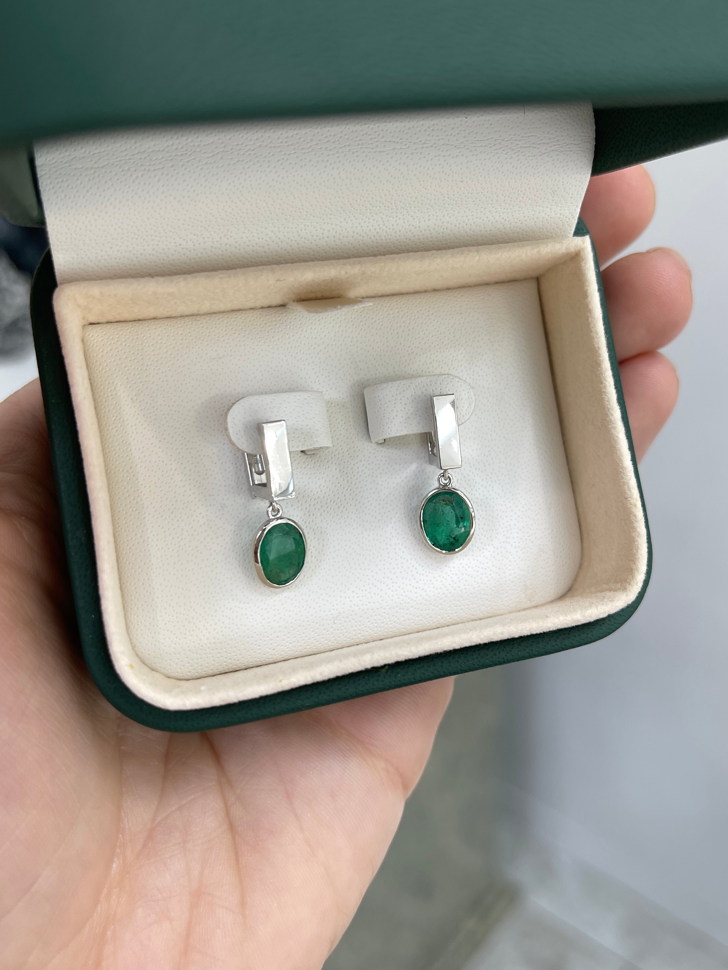 2.90tcw Bezel Set Oval Emerald Dangle Huggie Earrings 14K White Gold - JR Colombian Emeralds