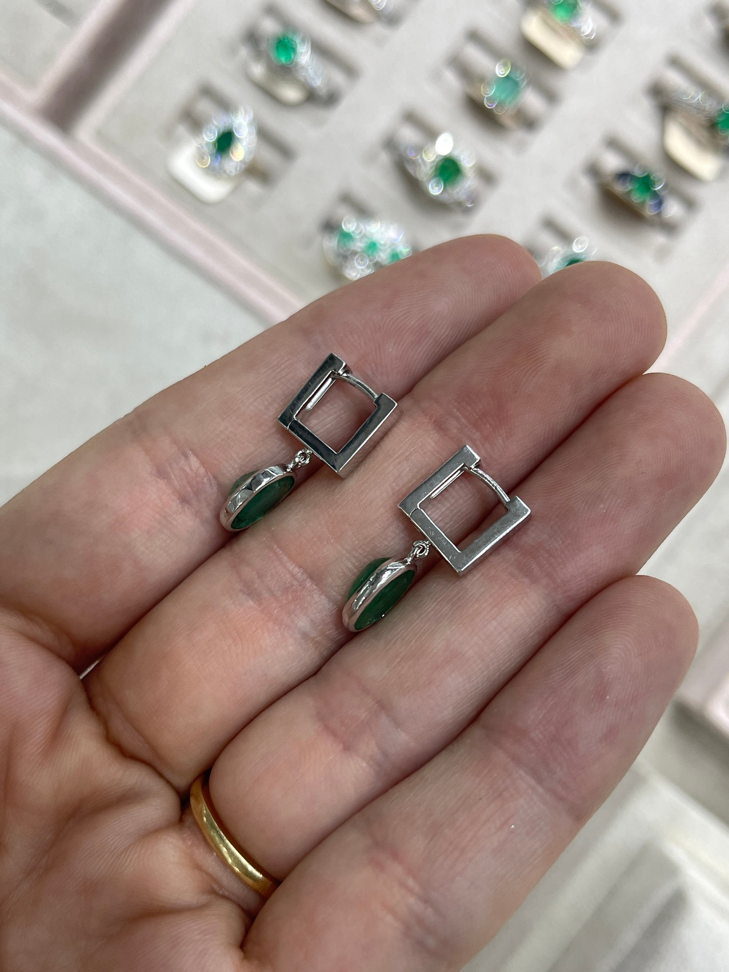 2.90tcw Bezel Set Oval Emerald Dangle Huggie Earrings 14K White Gold - JR Colombian Emeralds