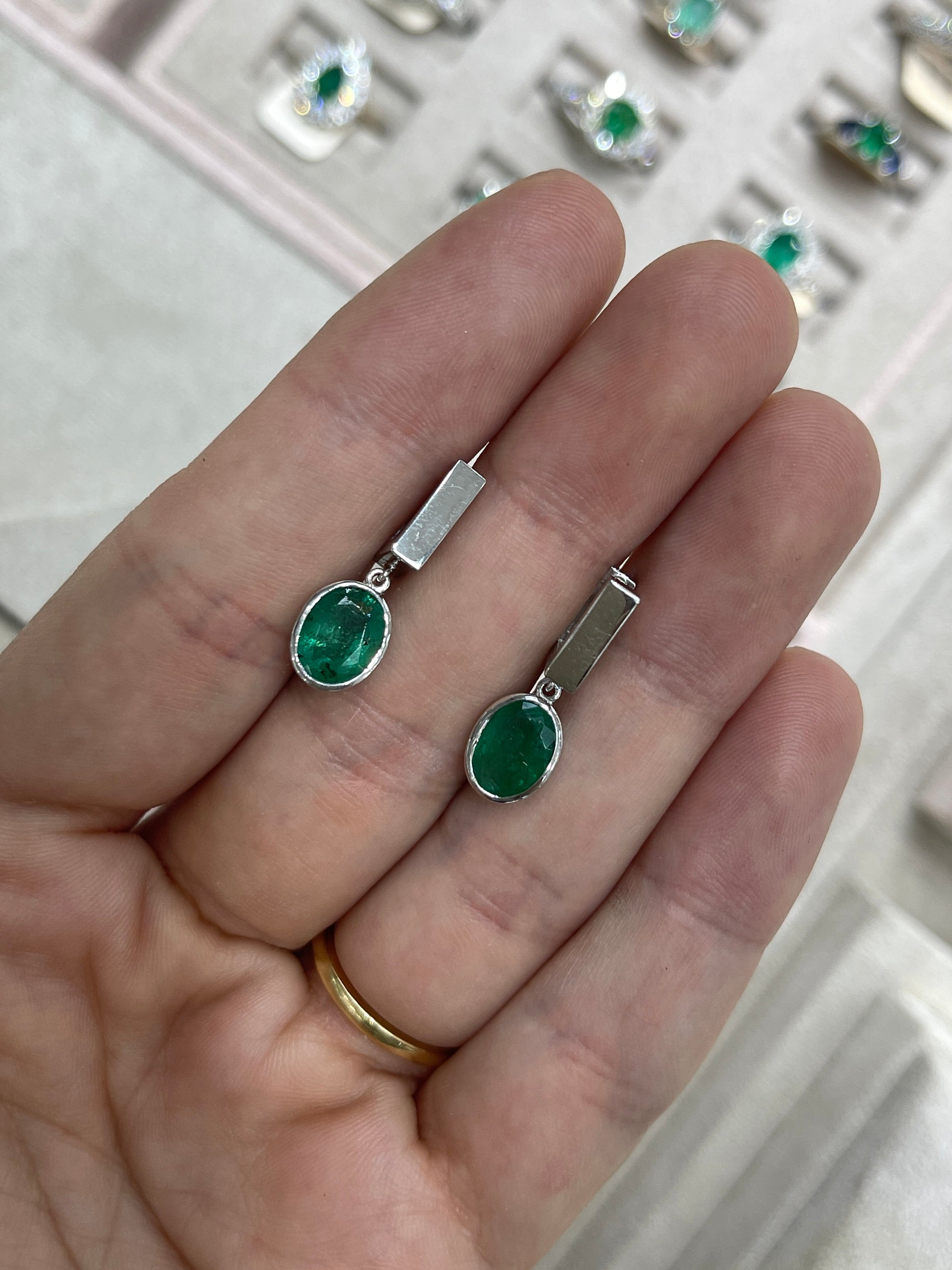 2.90tcw Bezel Set Oval Emerald Dangle Huggie Earrings 14K White Gold - JR Colombian Emeralds